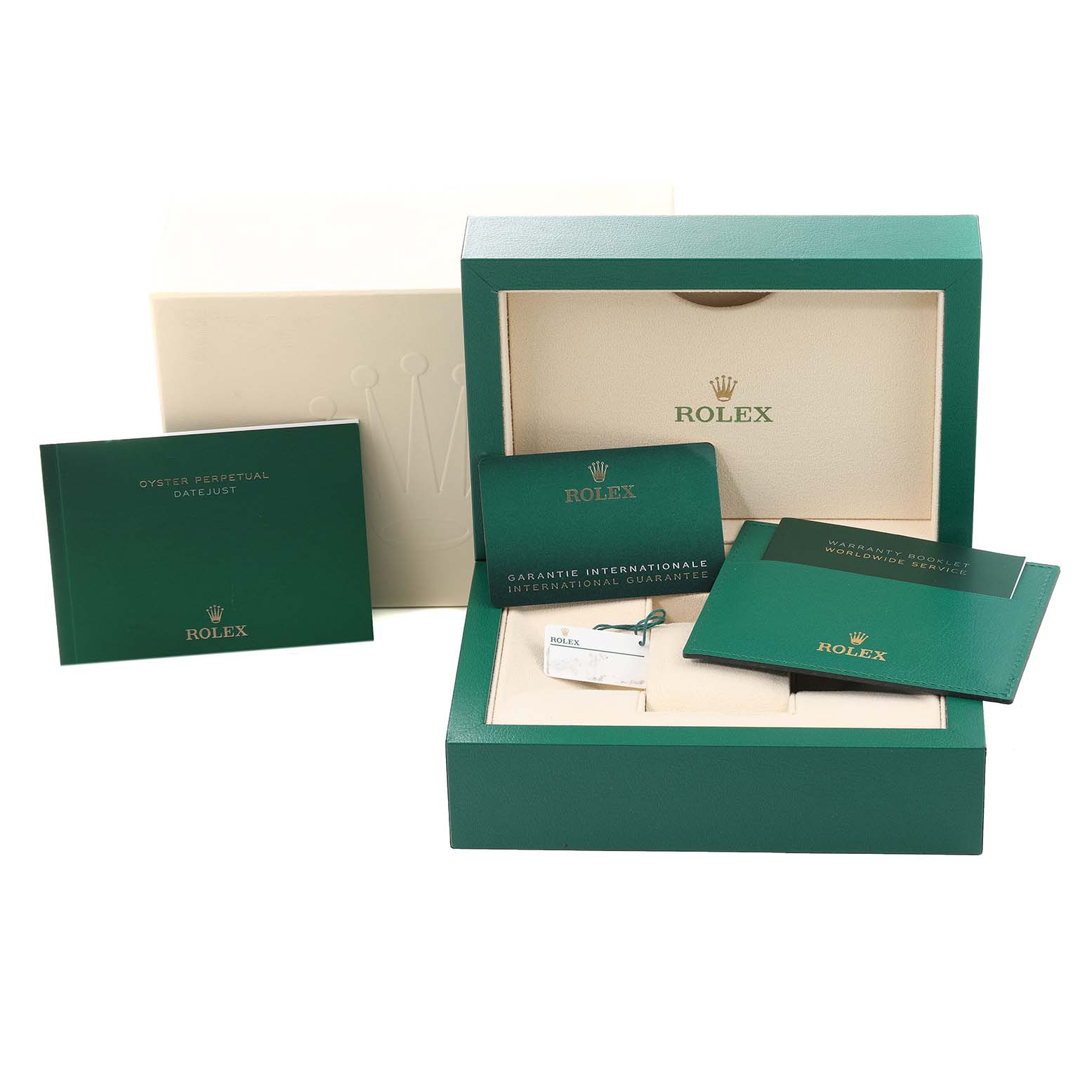 The image shows the packaging, guarantee cards, and manuals for a Rolex Datejust 126234 Men's Stainless Steel Blue Dial 126234 Men's Stainless Steel Blue Dial watch, viewed from the front.