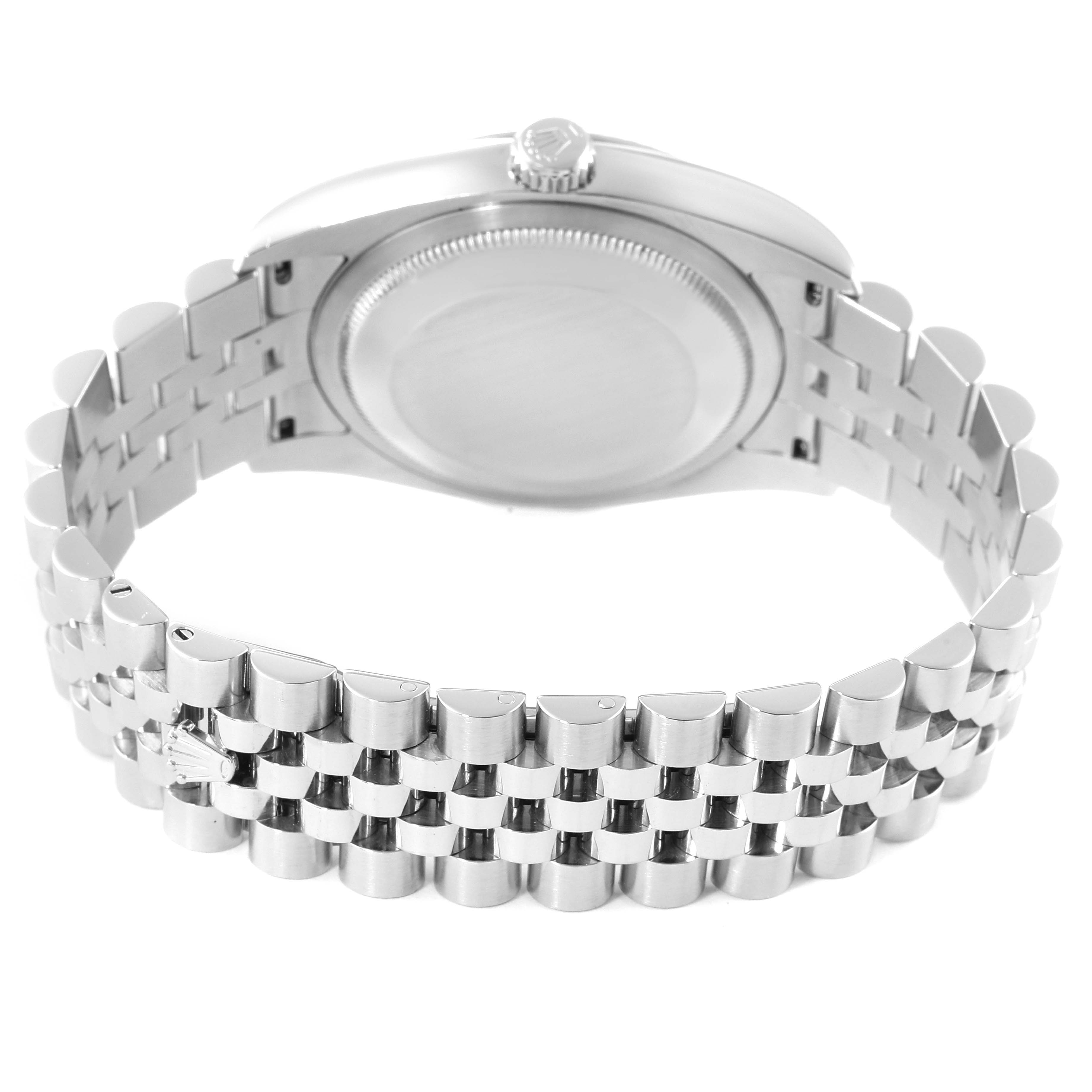 The image shows the back side of a Rolex Datejust 116234 Men's Stainless Steel Black Dial 116234 Men's Stainless Steel Black Dial watch, highlighting its case back and Jubilee bracelet.