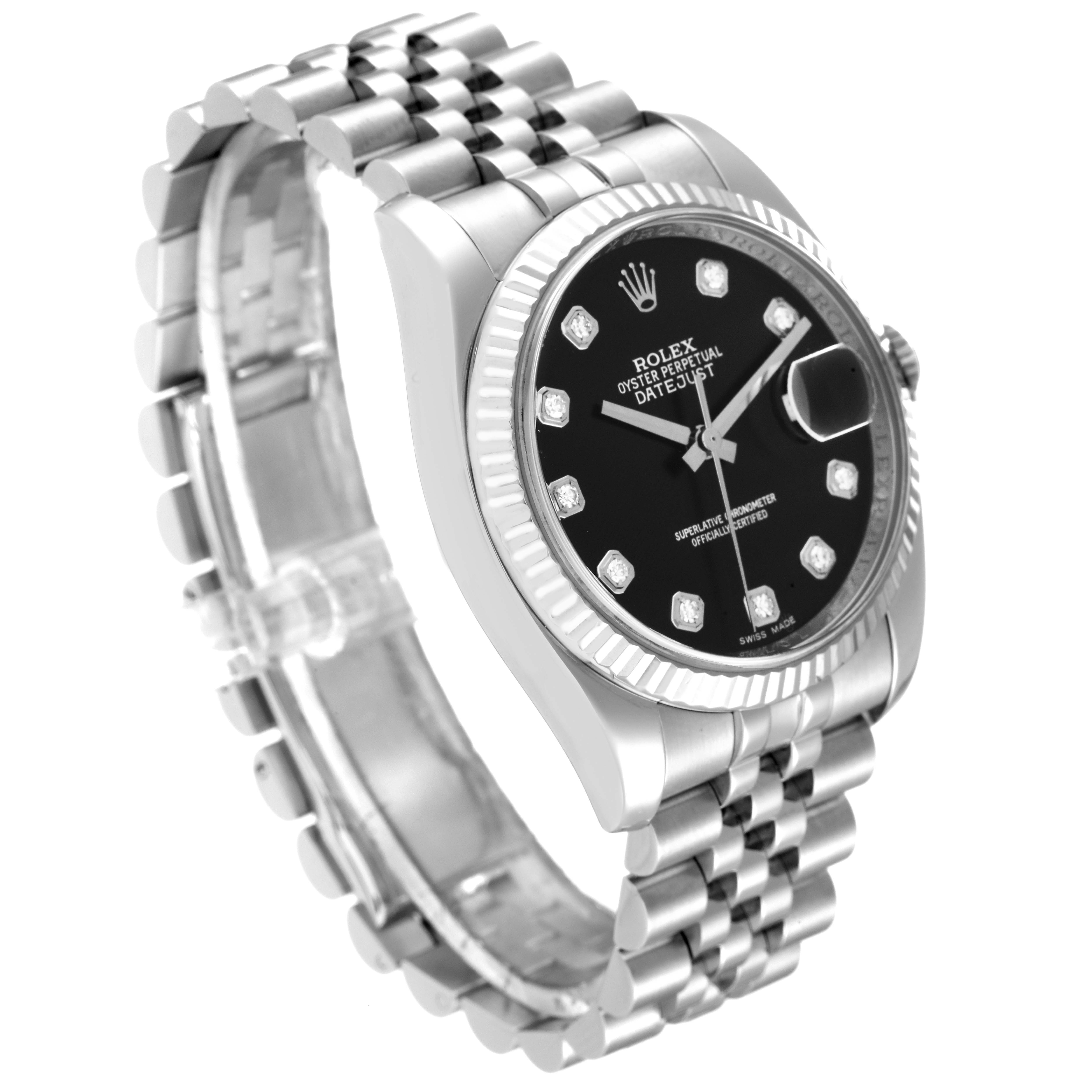 The Rolex Datejust 116234 Men's Stainless Steel Black Dial 116234 Men's Stainless Steel Black Dial watch is shown at an angled side view, displaying the face, bezel, case, and bracelet in silver.
