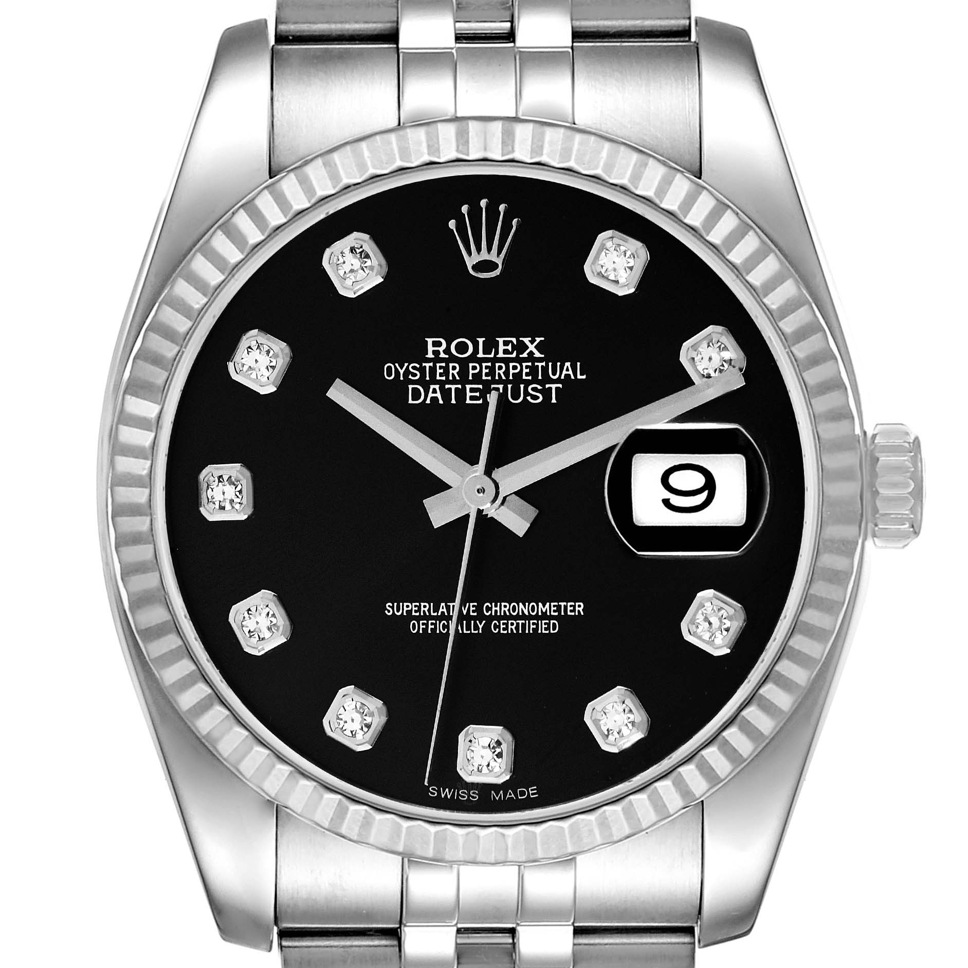 The image shows a front view of a Rolex Datejust 116234 Men's Stainless Steel Black Dial 116234 Men's Stainless Steel Black Dial watch, highlighting its dial, bezel, hands, and crown.