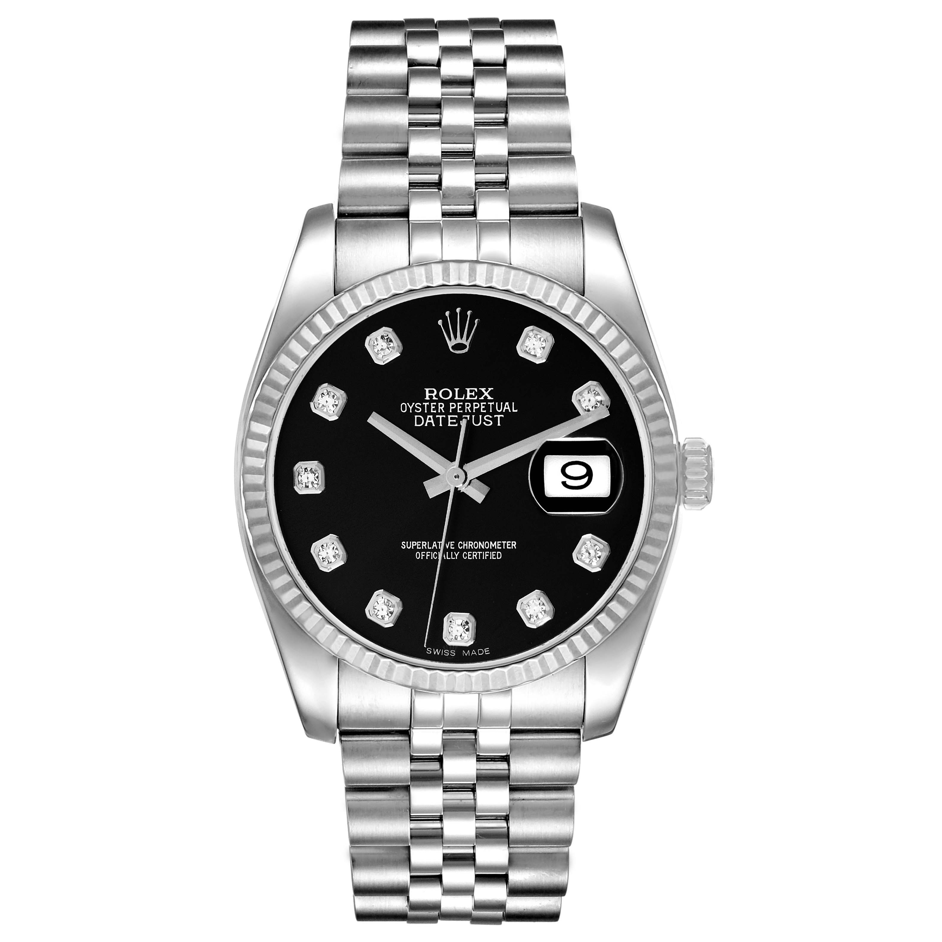 The Rolex Datejust 116234 Men's Stainless Steel Black Dial 116234 Men's Stainless Steel Black Dial watch is shown from a front angle, displaying the dial, bezel, and bracelet.