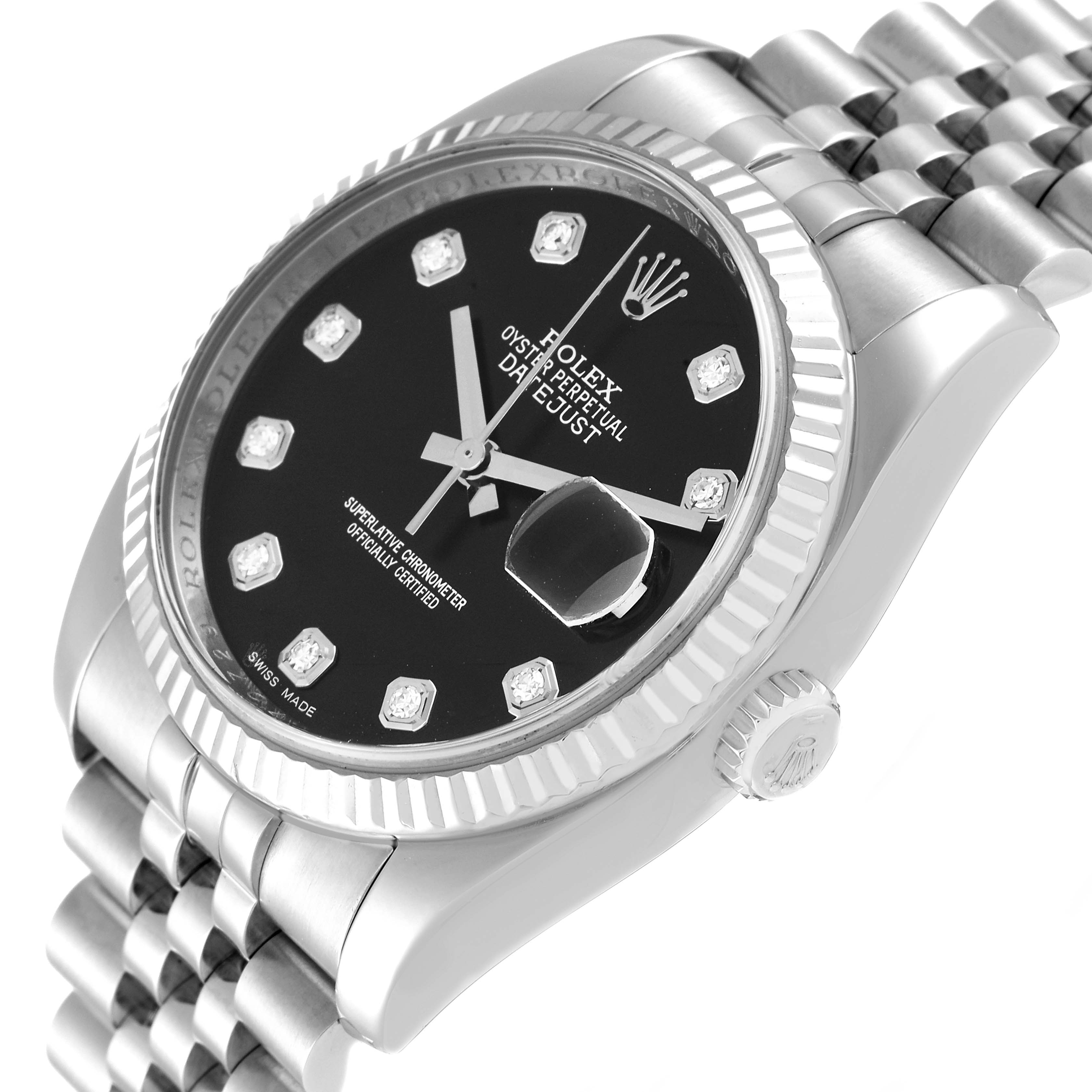 This image shows a side-angle view of a Rolex Datejust 116234 Men's Stainless Steel Black Dial 116234 Men's Stainless Steel Black Dial watch, highlighting its face, bezel, and bracelet.