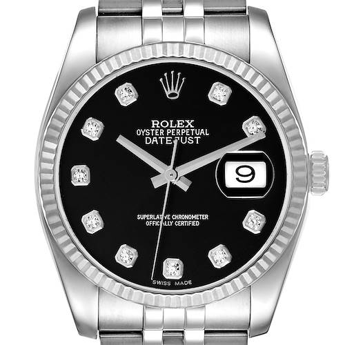 This is a front view of a Rolex Datejust watch, showing its dial, hands, crown, bezel, and part of the bracelet.