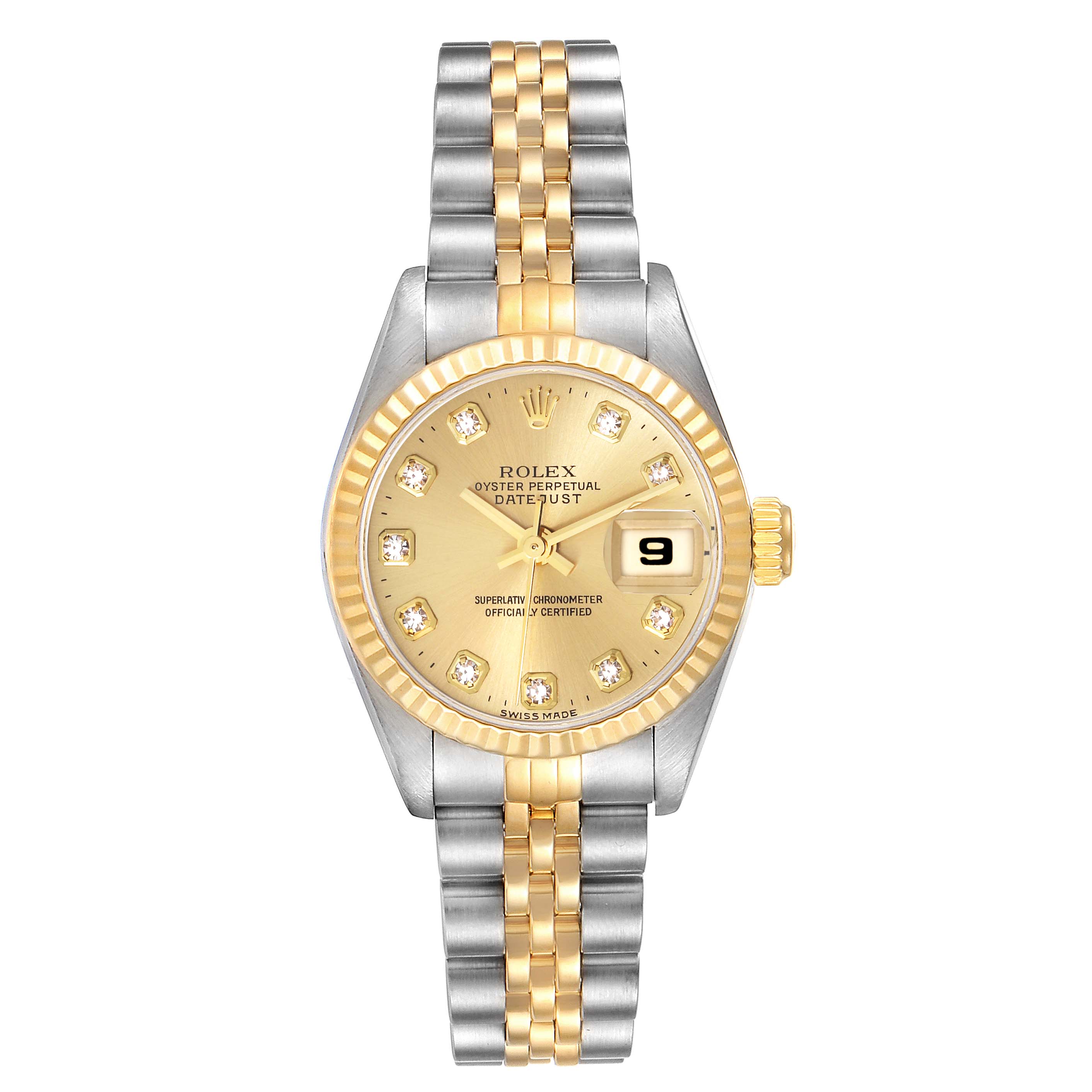 The Rolex Datejust 69173 Women's Steel and Gold (two tone) Champagne Dial 69173 Women's Steel and Gold (two tone) Champagne Dial watch is shown from a top view, highlighting its two-tone bracelet, fluted bezel, and champagne dial with diamond markers.