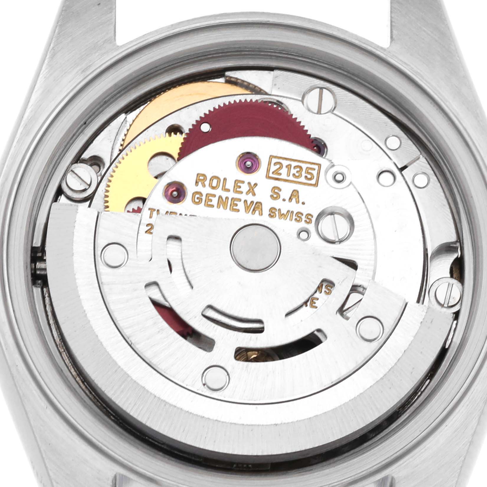 This image shows the inner mechanical movement of the Rolex Datejust 69173 Women's Steel and Gold (two tone) Champagne Dial 69173 Women's Steel and Gold (two tone) Champagne Dial watch from a top-down angle.