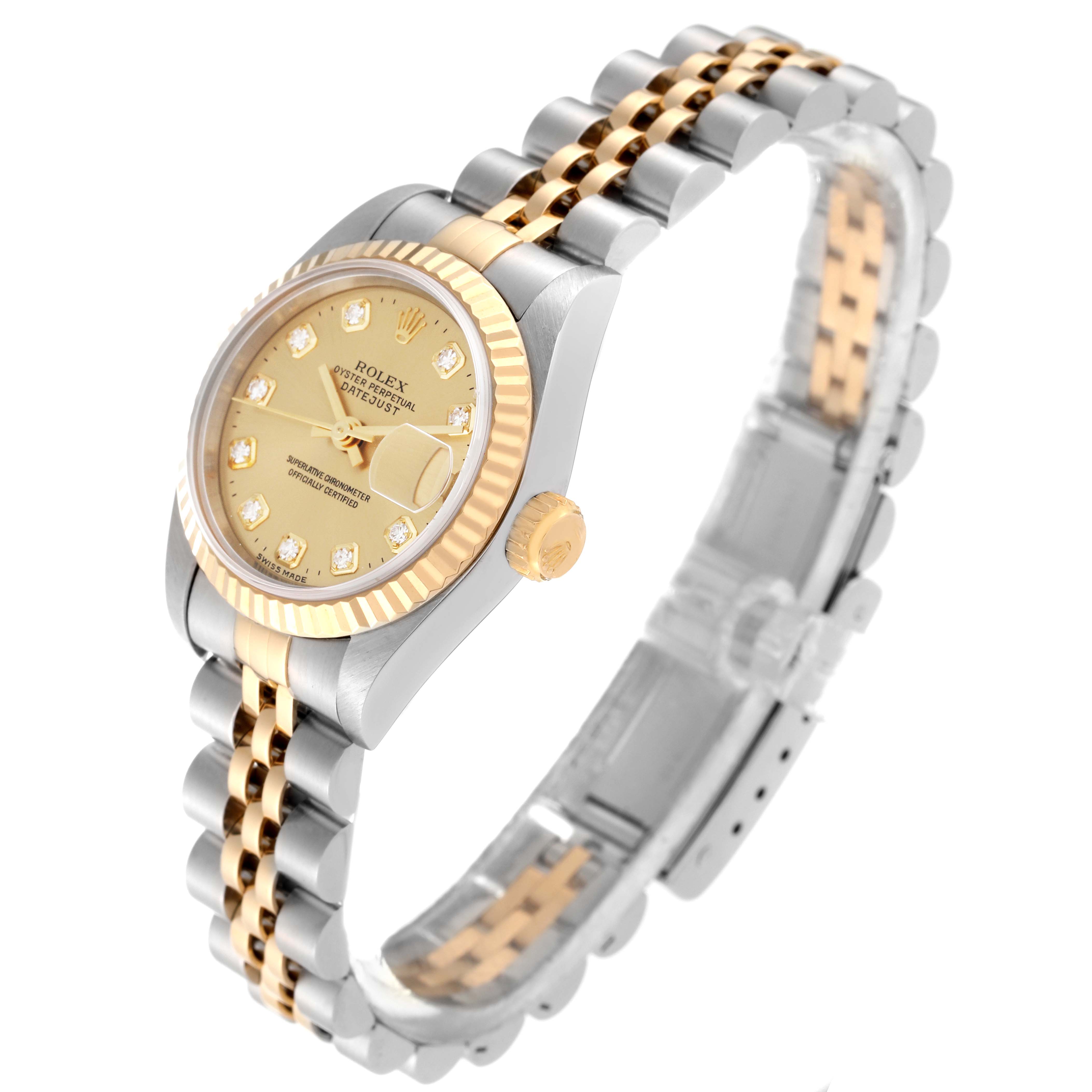 This image shows a Rolex Datejust 69173 Women's Steel and Gold (two tone) Champagne Dial 69173 Women's Steel and Gold (two tone) Champagne Dial watch at an oblique angle, highlighting its gold and silver bracelet, fluted bezel, and champagne dial.