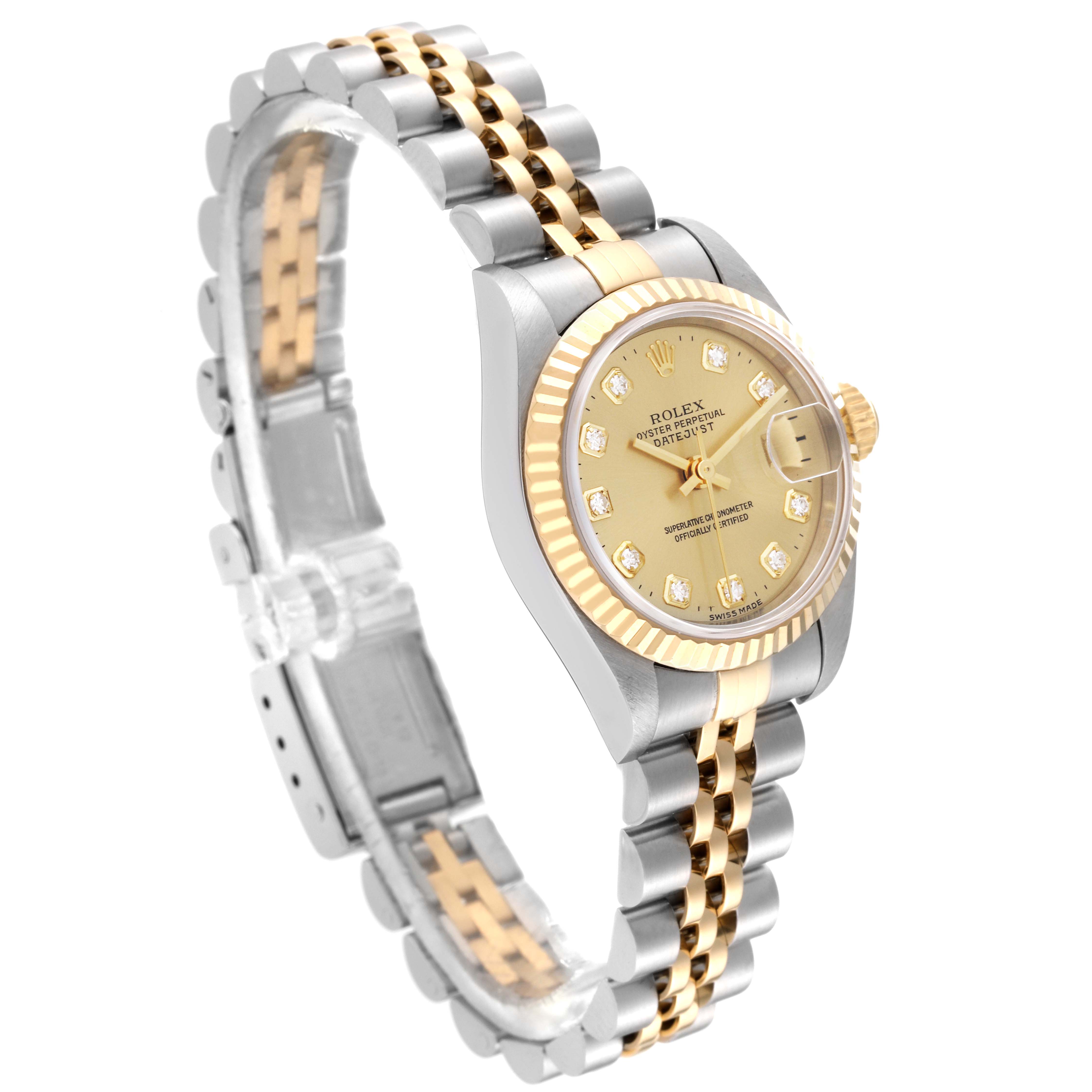 This image shows a Rolex Datejust 69173 Women's Steel and Gold (two tone) Champagne Dial 69173 Women's Steel and Gold (two tone) Champagne Dial watch at a slightly tilted angle, highlighting the dial, case, and bracelet.