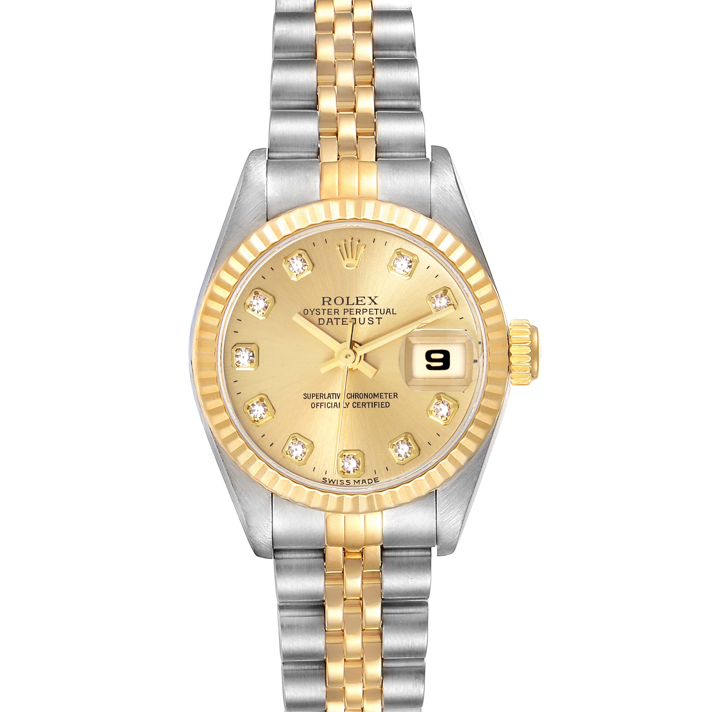 The image shows a front angle of a Rolex Datejust 69173 Women's Steel and Gold (two tone) Champagne Dial 69173 Women's Steel and Gold (two tone) Champagne Dial watch, highlighting its gold and silver band, bezel, dial, and date display.