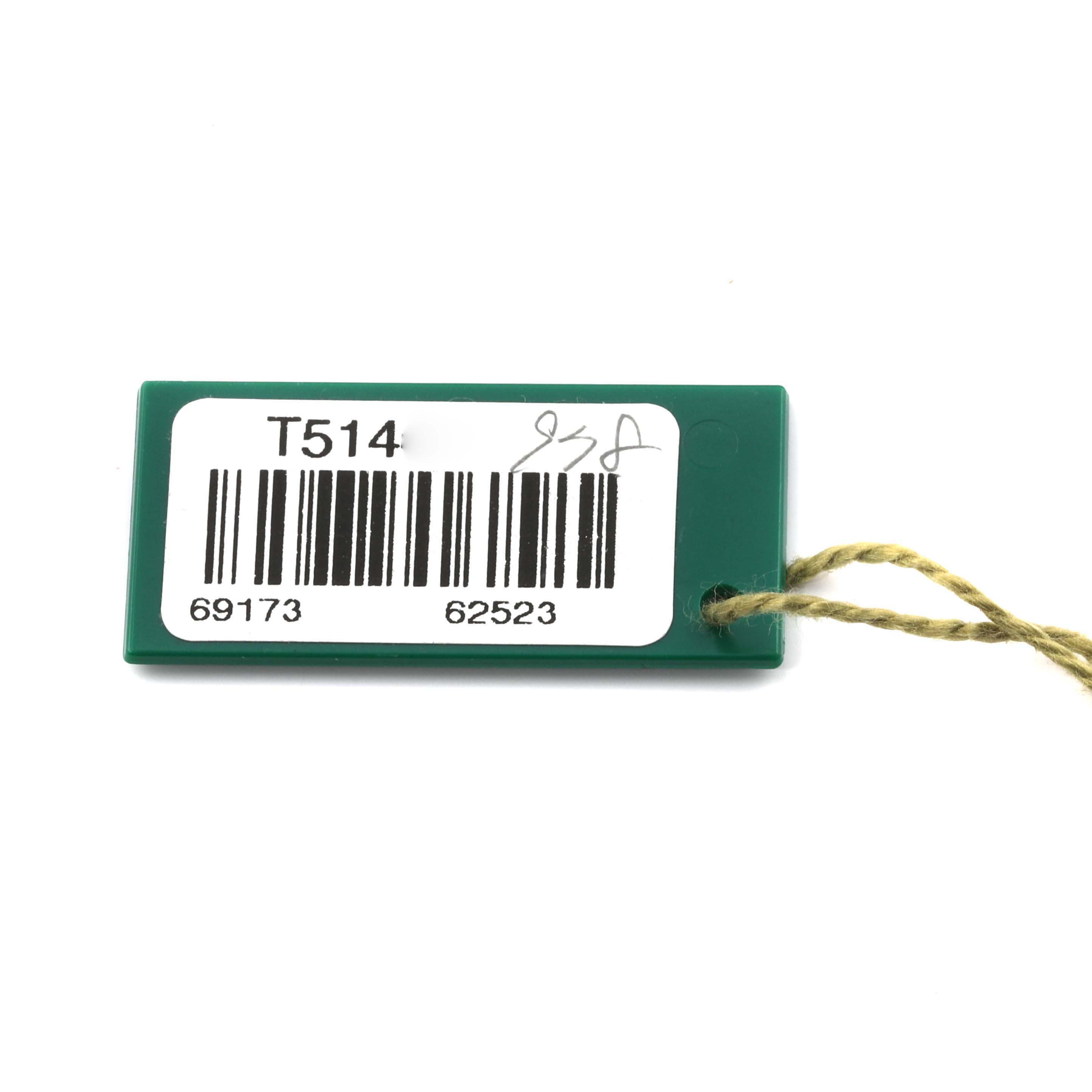 This image shows a green tag with a barcode and numbers, an accessory for the Rolex Datejust 69173 Women's Steel and Gold (two tone) Champagne Dial 69173 Women's Steel and Gold (two tone) Champagne Dial model.