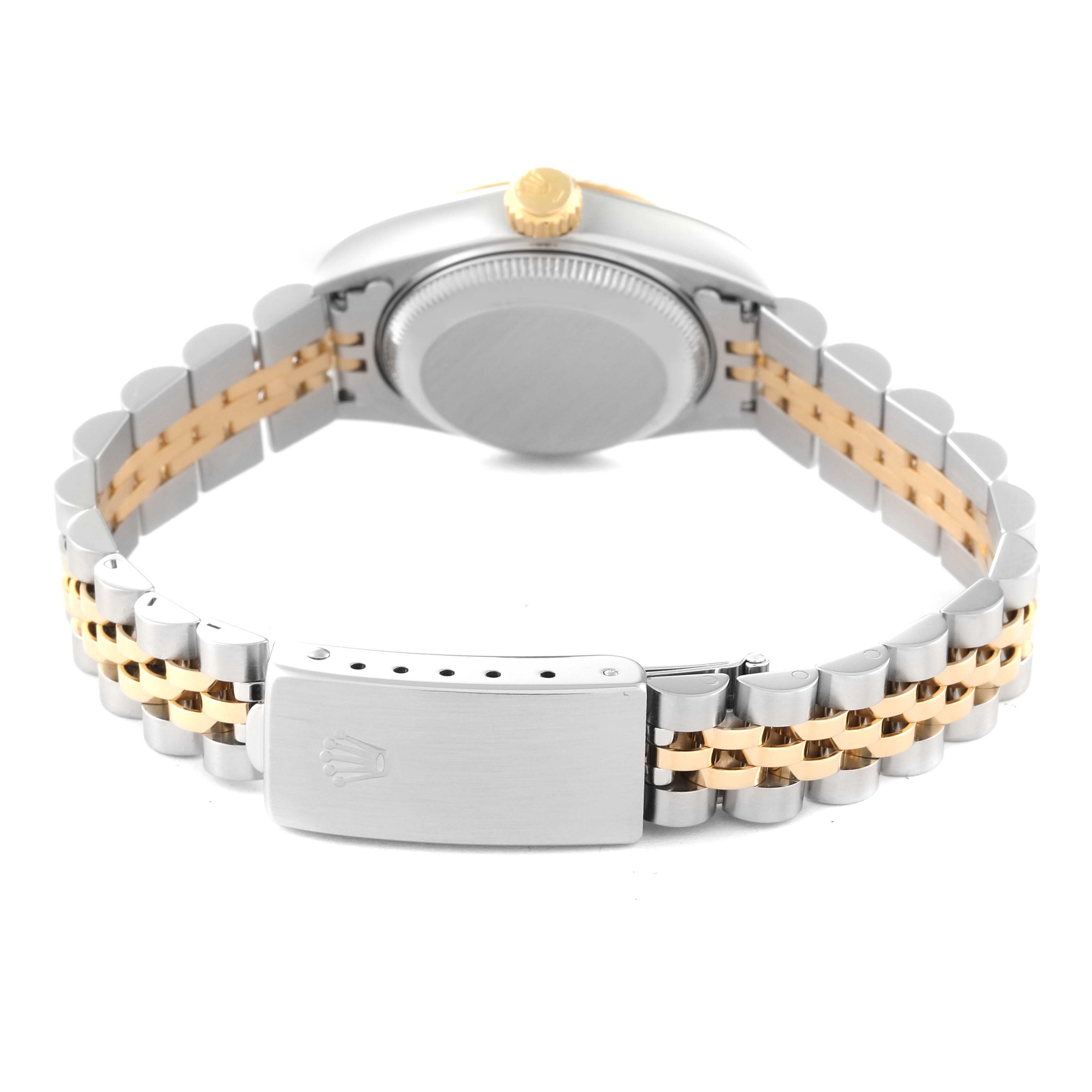 The image shows the back view of a Rolex Datejust 69173 Women's Steel and Gold (two tone) Champagne Dial 69173 Women's Steel and Gold (two tone) Champagne Dial watch, featuring its jubilee bracelet and closed clasp.