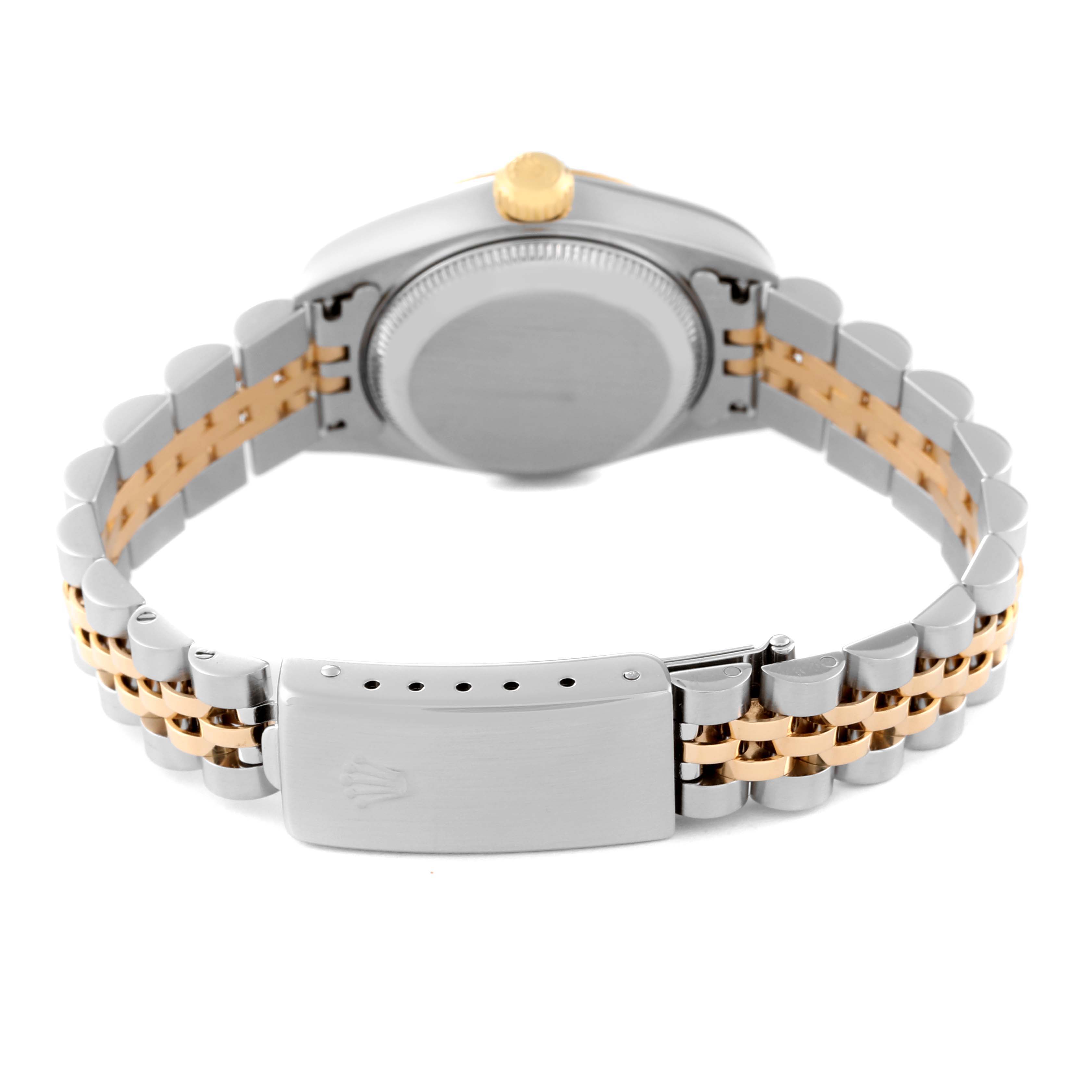 The image shows the back side of a Rolex Datejust 79173 Women's Steel and Gold (two tone) Silver Dial 79173 Women's Steel and Gold (two tone) Silver Dial watch focusing on the clasp, bracelet, and case back.