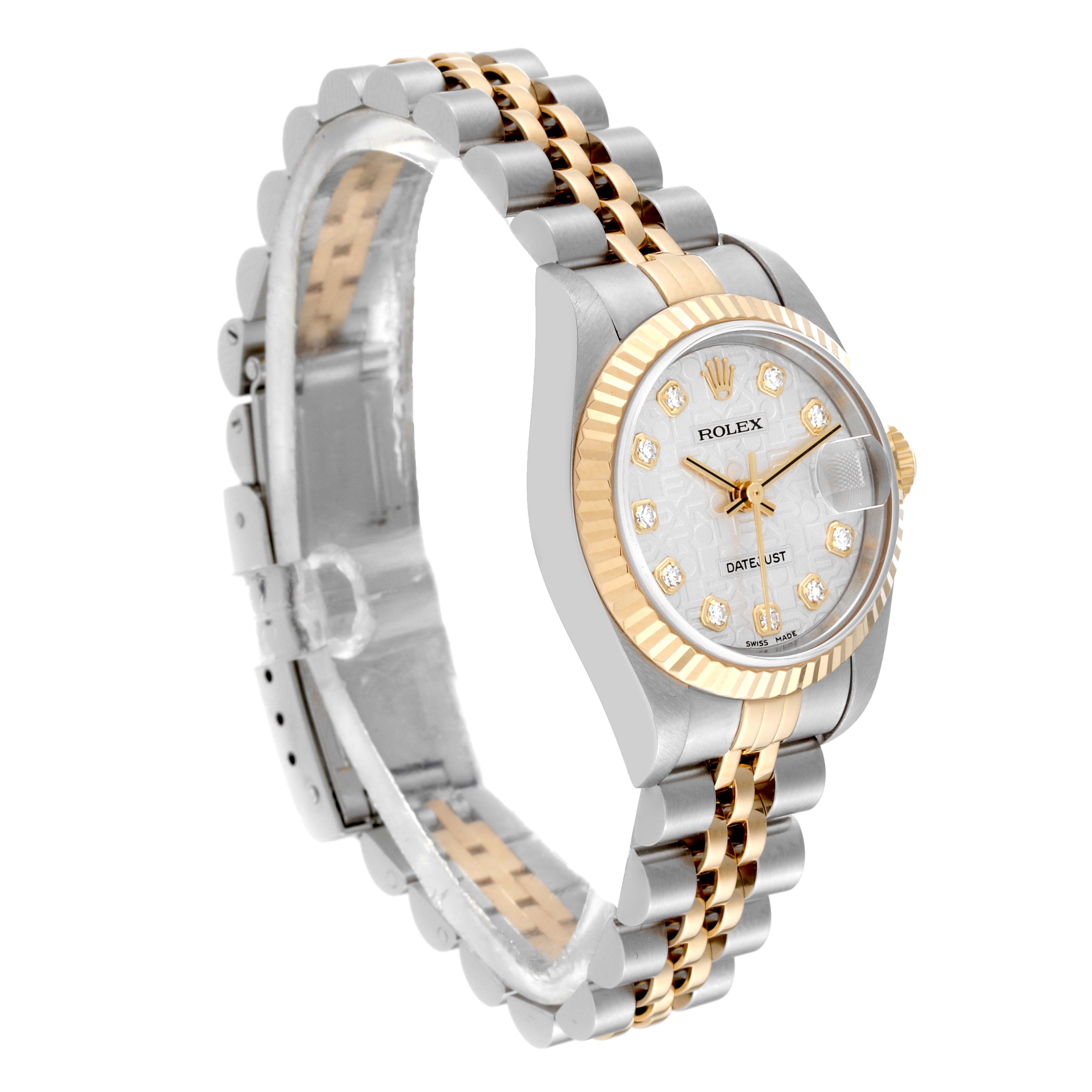 The Rolex Datejust 79173 Women's Steel and Gold (two tone) Silver Dial 79173 Women's Steel and Gold (two tone) Silver Dial watch is shown at an angle highlighting the bracelet, case, dial, and bezel.