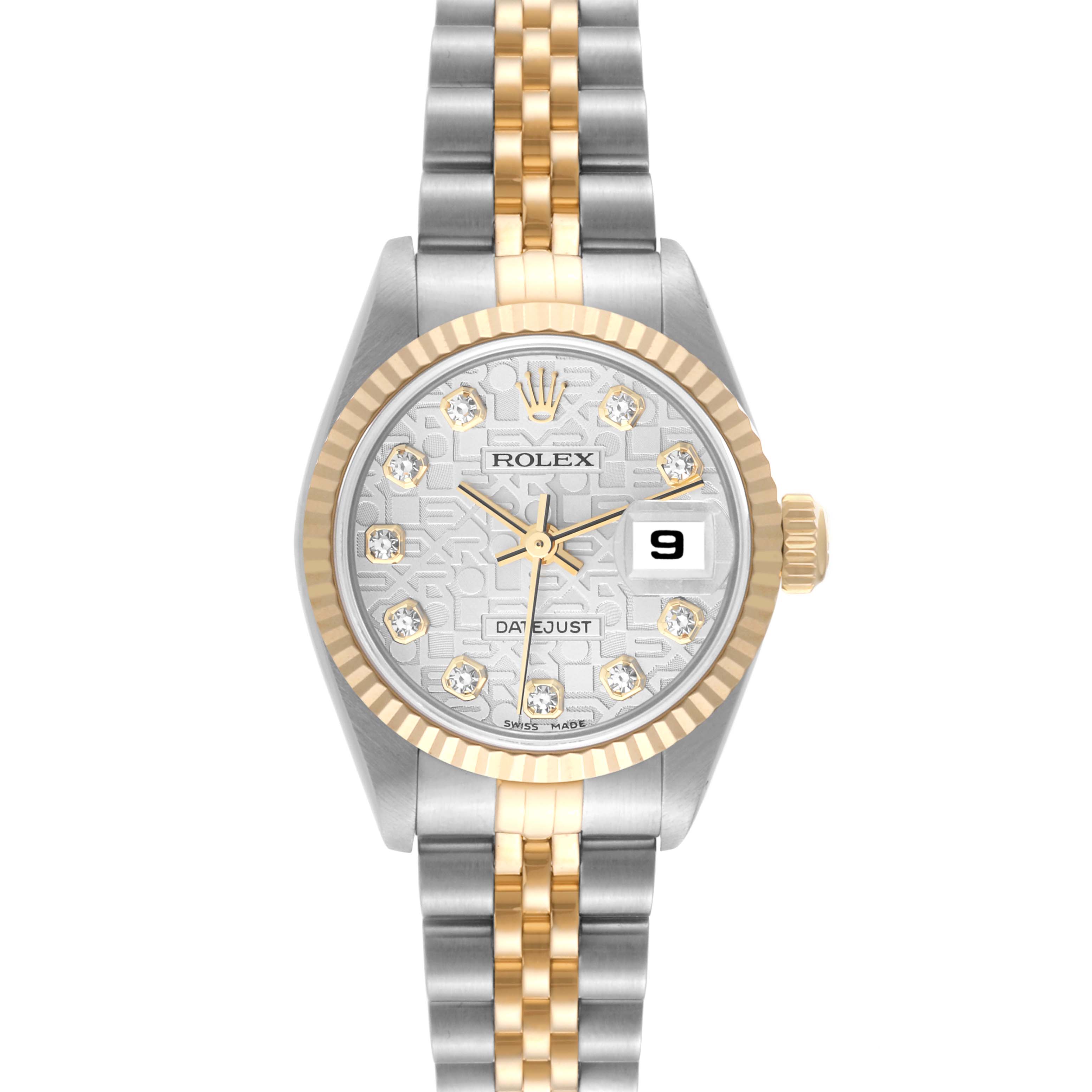 This image shows a front view of the Rolex Datejust 79173 Women's Steel and Gold (two tone) Silver Dial 79173 Women's Steel and Gold (two tone) Silver Dial watch featuring a two-tone bracelet and a date display.