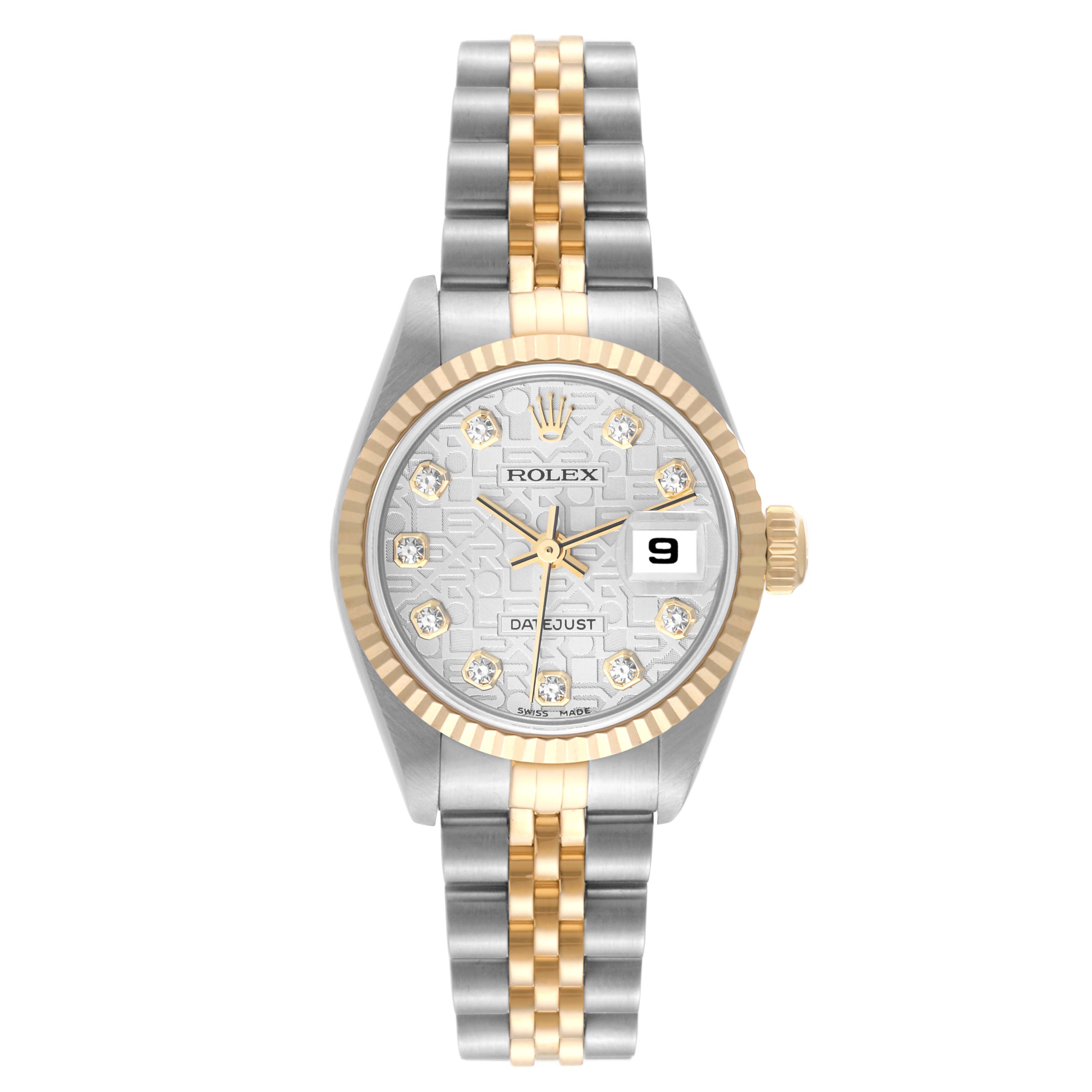 The image shows a frontal view of a Rolex Datejust 79173 Women's Steel and Gold (two tone) Silver Dial 79173 Women's Steel and Gold (two tone) Silver Dial watch, highlighting the dial, bezel, and two-tone bracelet.