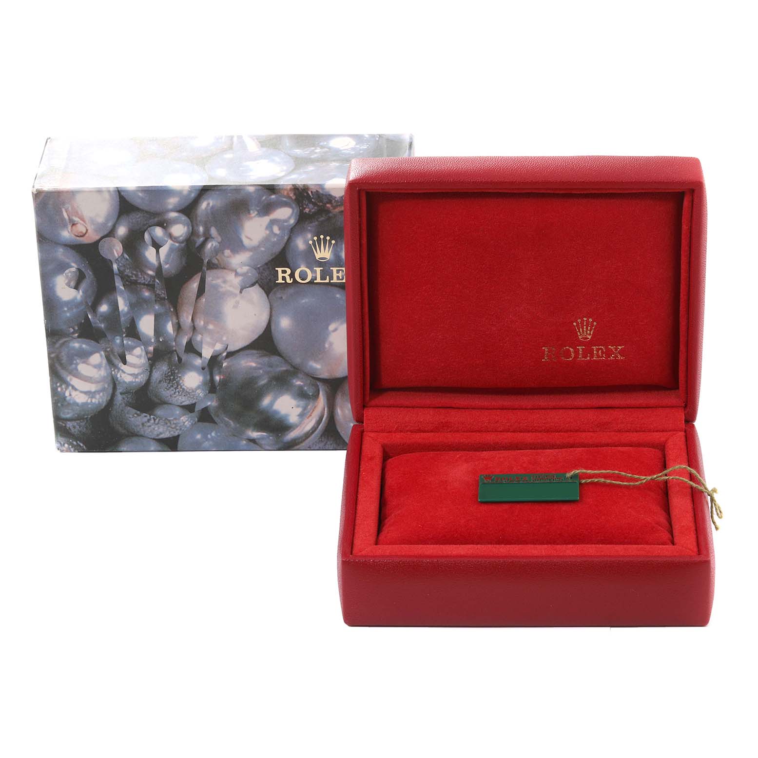 The image shows a Rolex Datejust 79173 Women's Steel and Gold (two tone) Silver Dial 79173 Women's Steel and Gold (two tone) Silver Dial watch box and a Rolex tag, with the box open and a decorative outer box in the background.