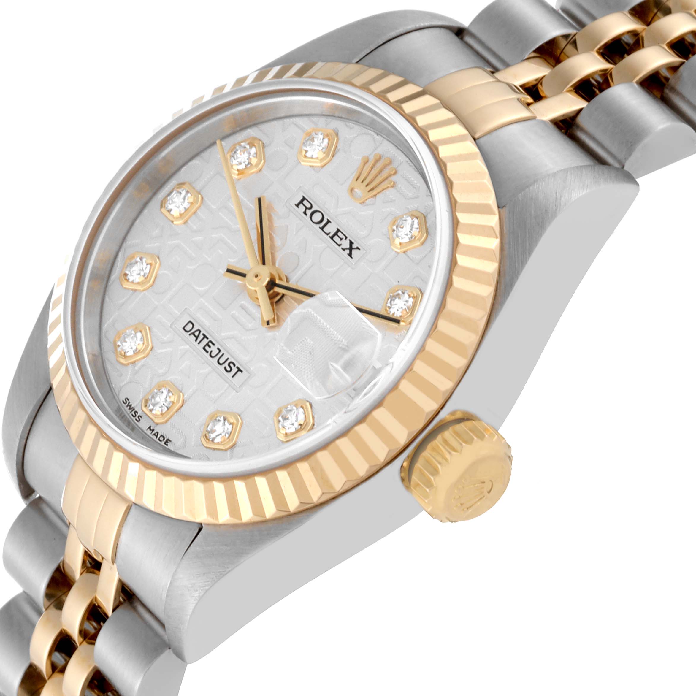The Rolex Datejust 79173 Women's Steel and Gold (two tone) Silver Dial 79173 Women's Steel and Gold (two tone) Silver Dial watch is shown at a close-up angle, highlighting the case, dial, fluted bezel, crown, and part of the bracelet.
