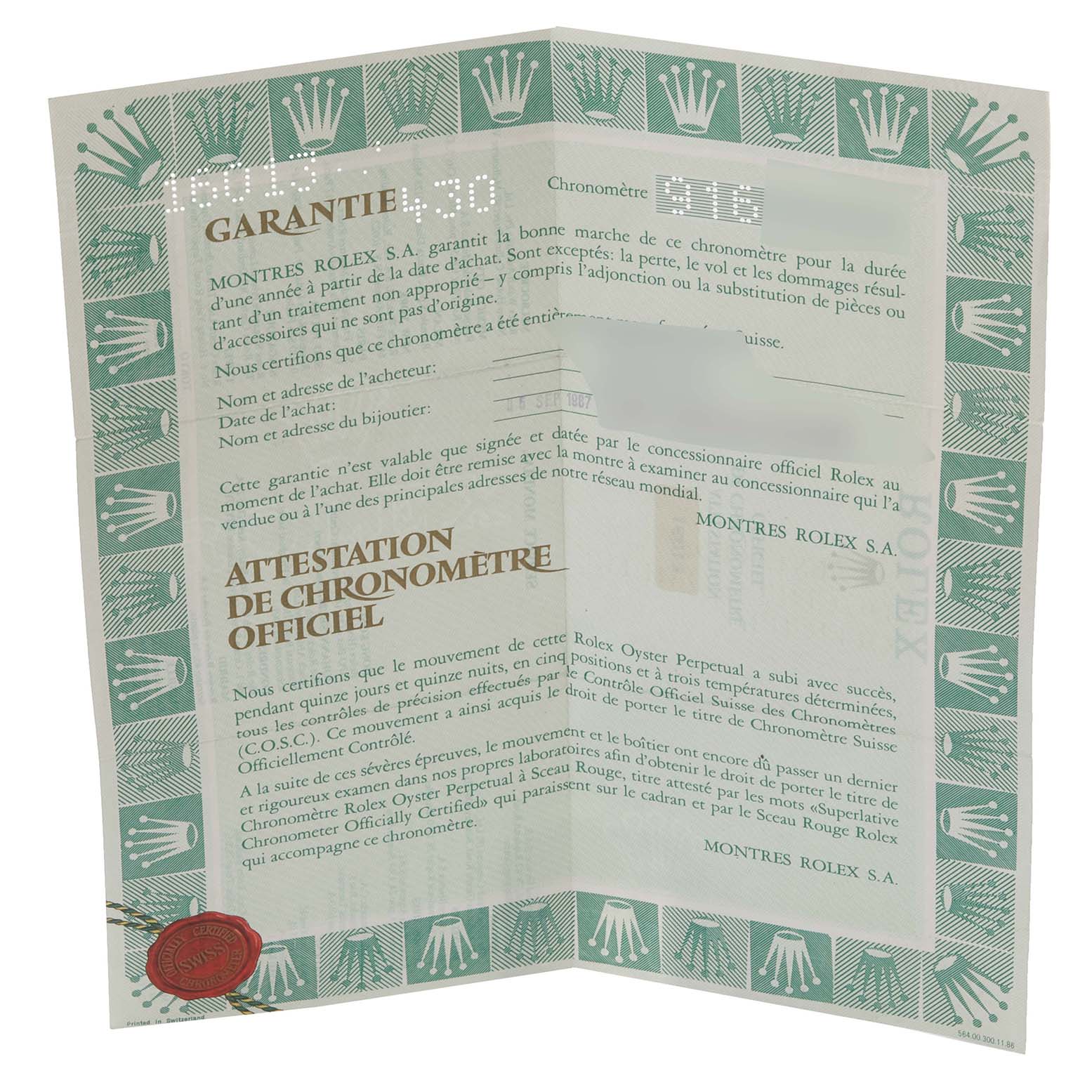 This image shows the warranty and chronometer certification papers for a Vintage Collection model by Rolex, viewed partially open.