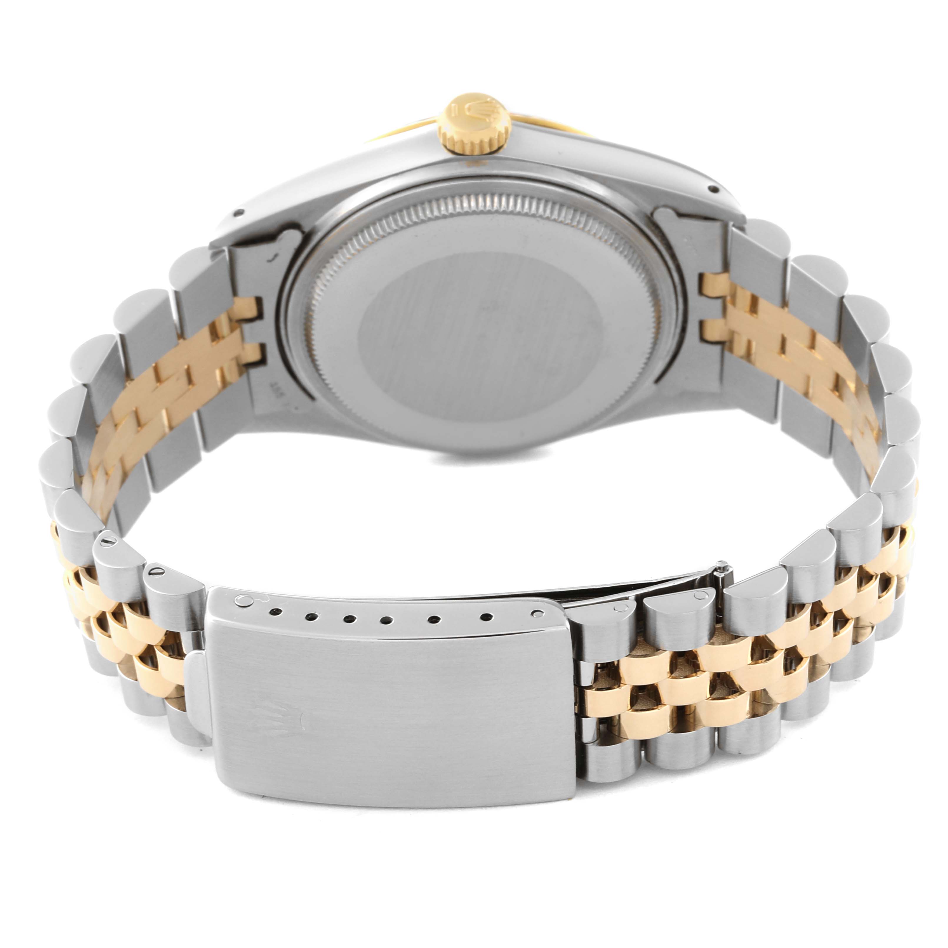 This image shows the back view of the case and bracelet of the Rolex Vintage Collection 16013 Men's Steel and Gold (two tone) Champagne Dial 16013 Men's Steel and Gold (two tone) Champagne Dial watch.