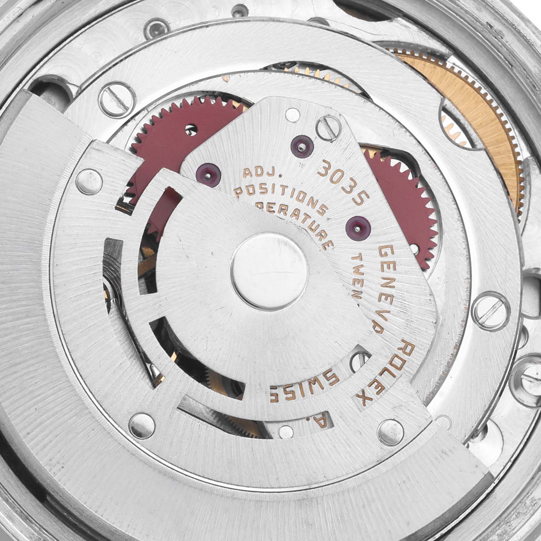 This is an angled, close-up view of the inner mechanism of a Rolex Vintage Collection 16013 Men's Steel and Gold (two tone) Champagne Dial 16013 Men's Steel and Gold (two tone) Champagne Dial watch, showcasing the gears and movement parts.