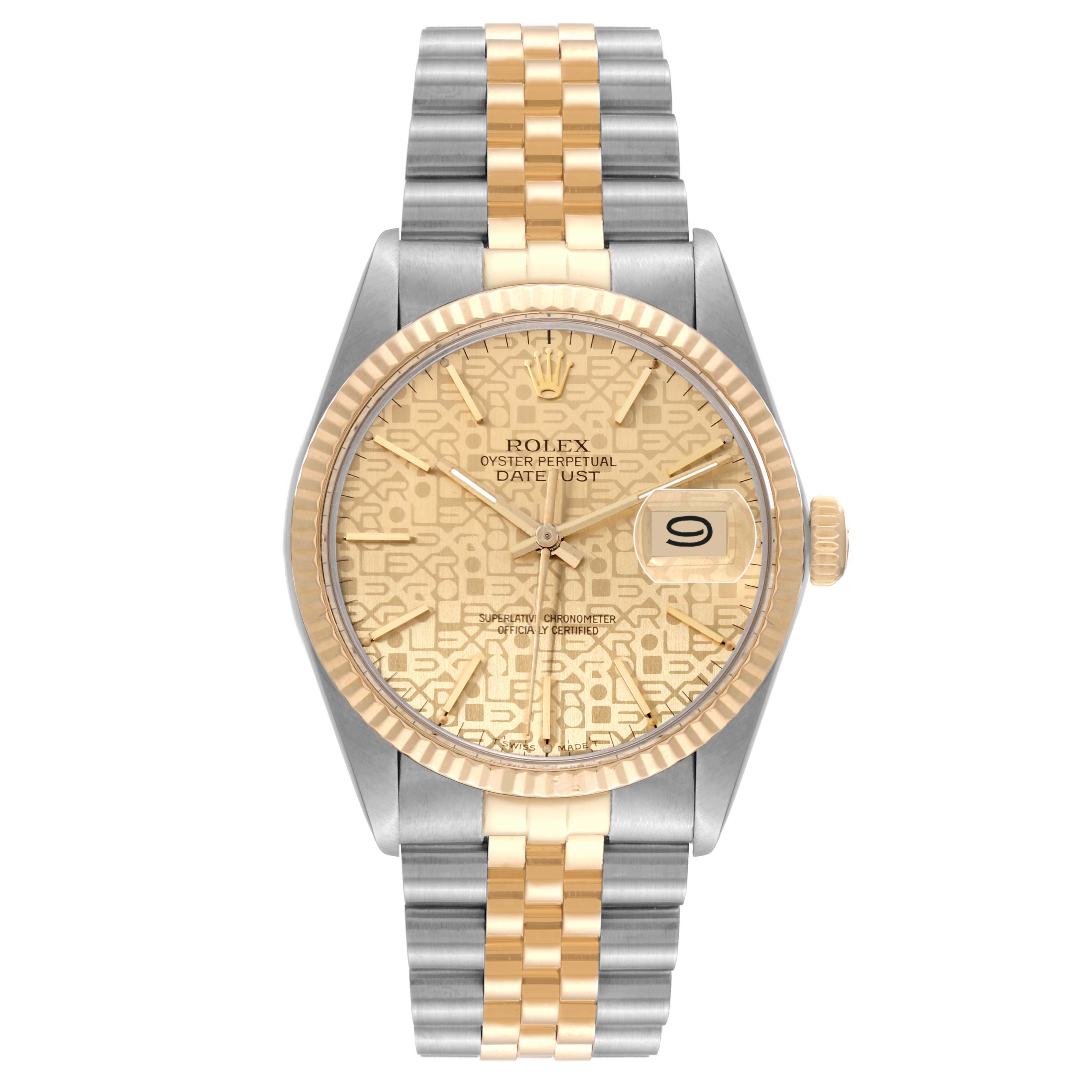 This image shows a front view of the Rolex Vintage Collection 16013 Men's Steel and Gold (two tone) Champagne Dial 16013 Men's Steel and Gold (two tone) Champagne Dial watch, featuring its gold-toned dial, bezel, and two-tone bracelet.