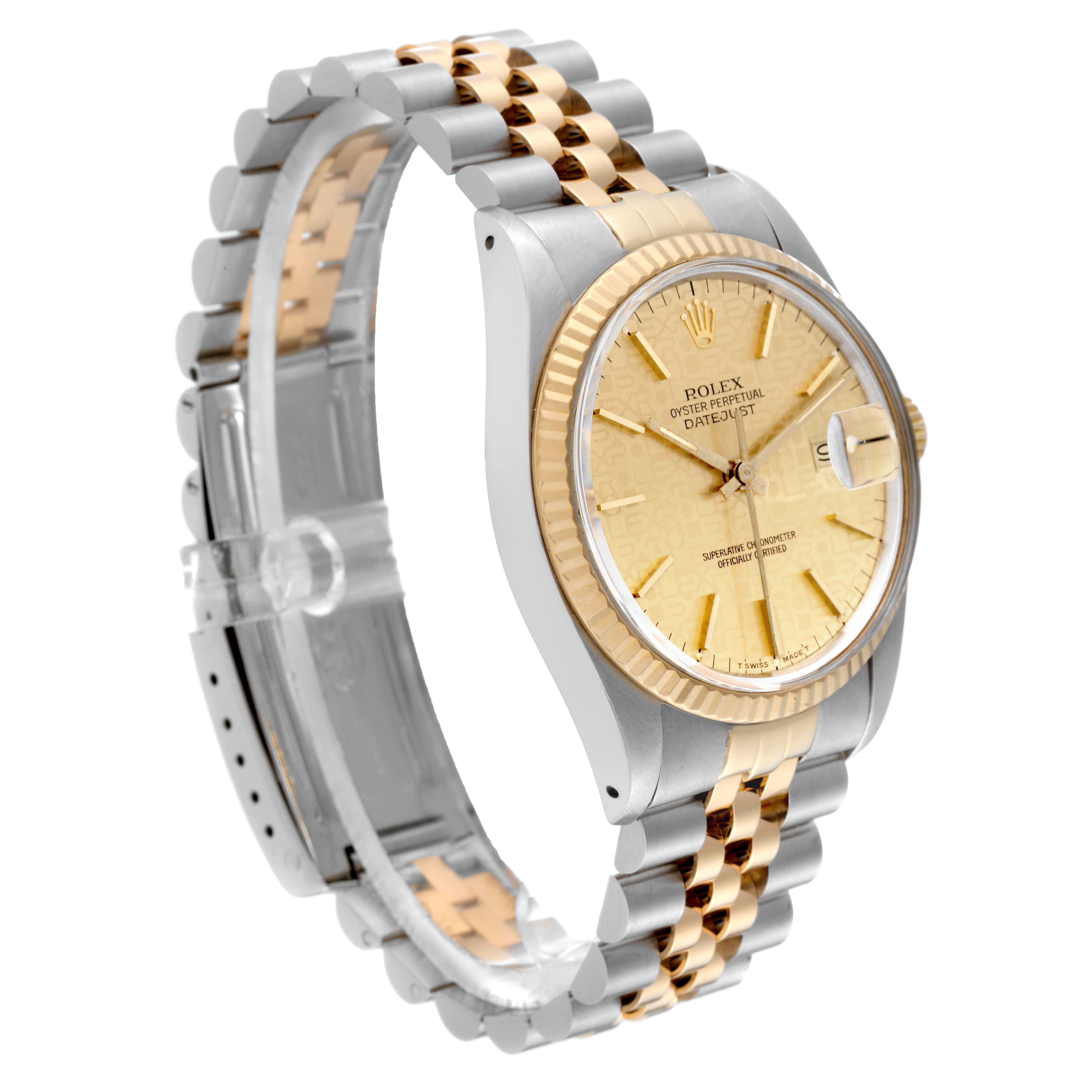 The image shows a side angle of the Rolex Vintage Collection 16013 Men's Steel and Gold (two tone) Champagne Dial 16013 Men's Steel and Gold (two tone) Champagne Dial model, highlighting the gold dial, fluted bezel, and two-tone bracelet.