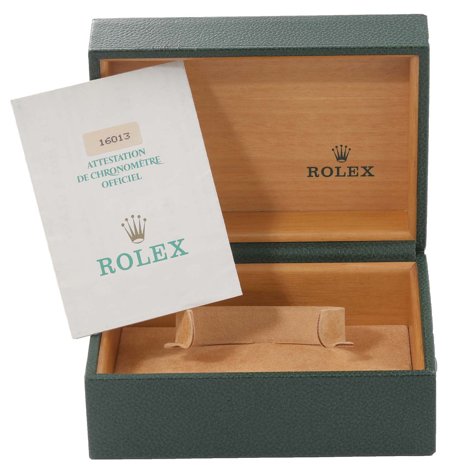 The image shows an open Rolex watch box with a certificate booklet for the Vintage Collection model, viewed from the front.