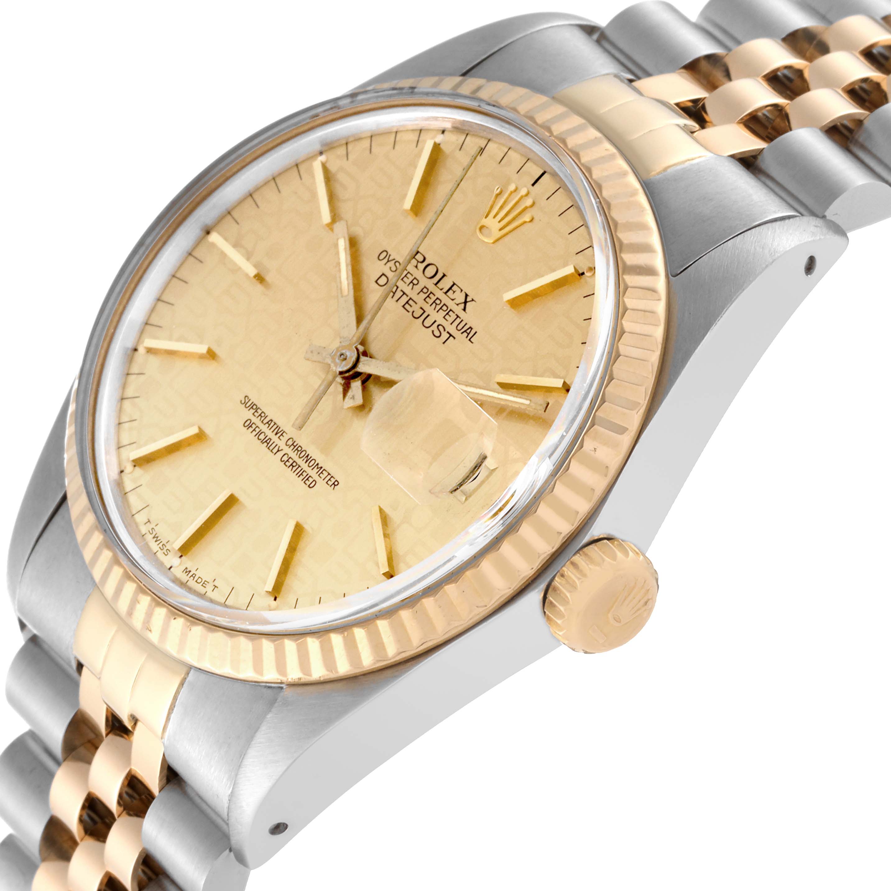 The image shows a side angle of the Rolex Vintage Collection 16013 Men's Steel and Gold (two tone) Champagne Dial 16013 Men's Steel and Gold (two tone) Champagne Dial Oyster Perpetual Datejust, highlighting the face, crown, and two-tone bracelet.