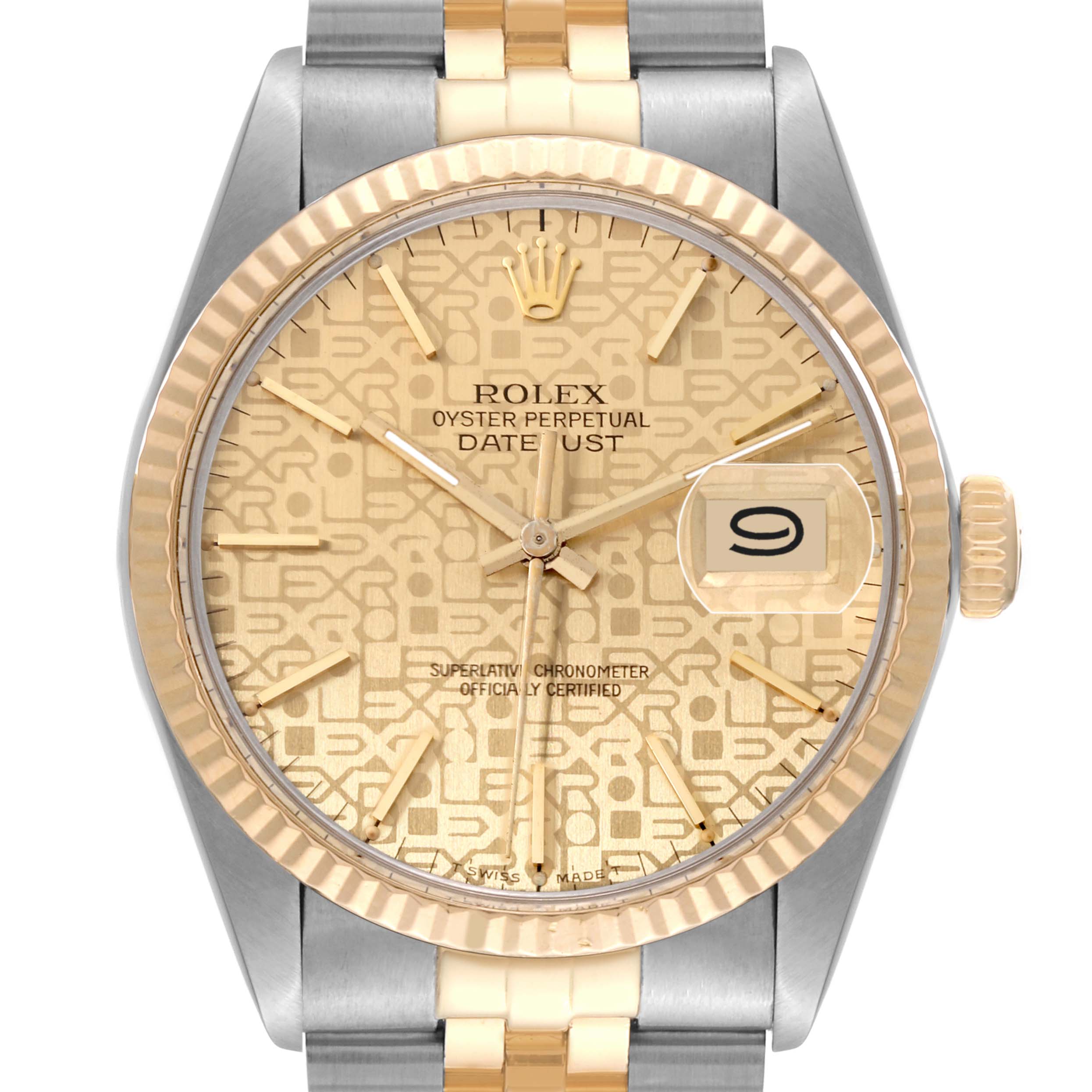 This image shows a frontal close-up of the Rolex Vintage Collection 16013 Men's Steel and Gold (two tone) Champagne Dial 16013 Men's Steel and Gold (two tone) Champagne Dial model, displaying the dial, bezel, and bracelet.