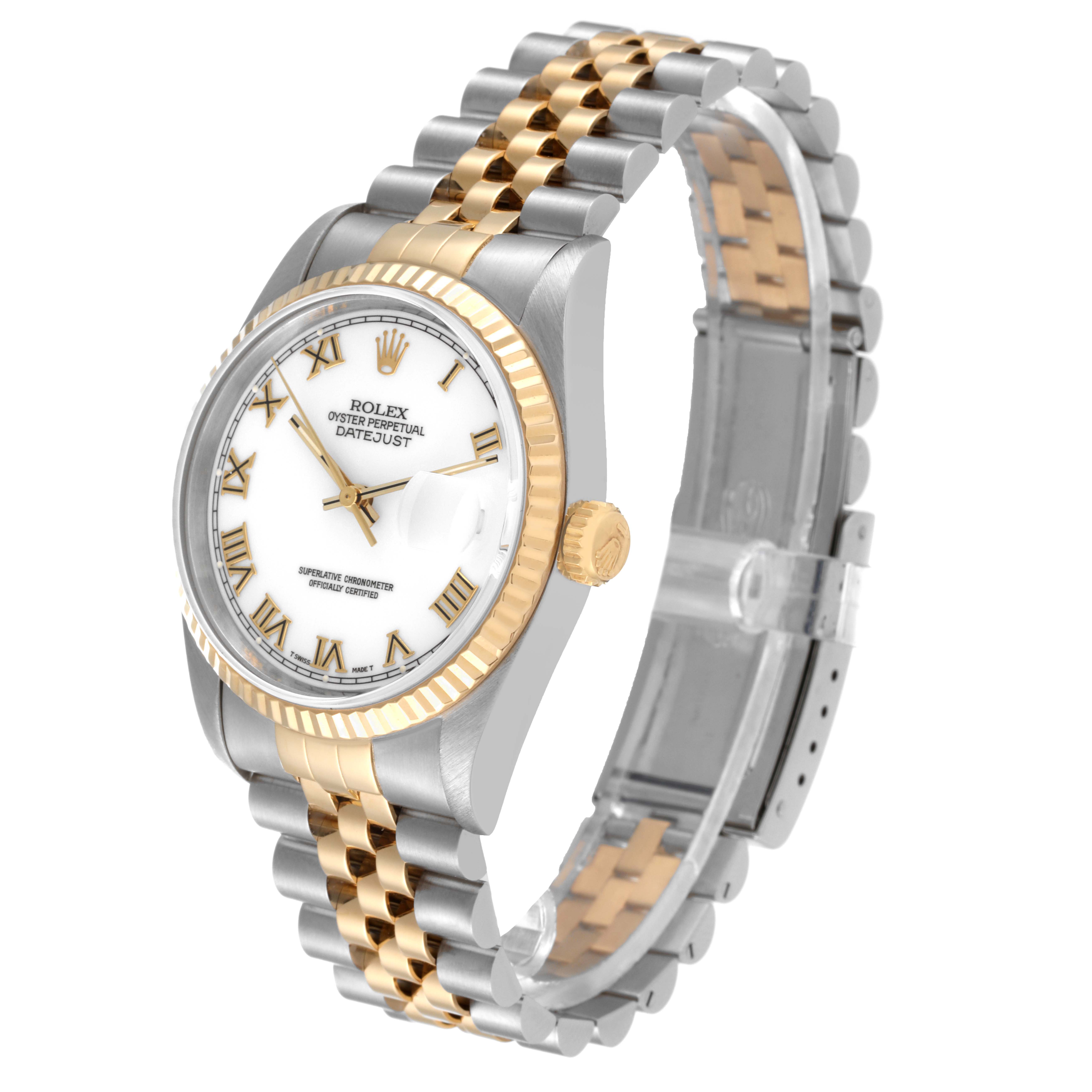 The Rolex Datejust 16233 Men's Steel and Gold (two tone) White Dial 16233 Men's Steel and Gold (two tone) White Dial watch is shown at a slight angle, highlighting its face, bezel, crown, and bracelet.