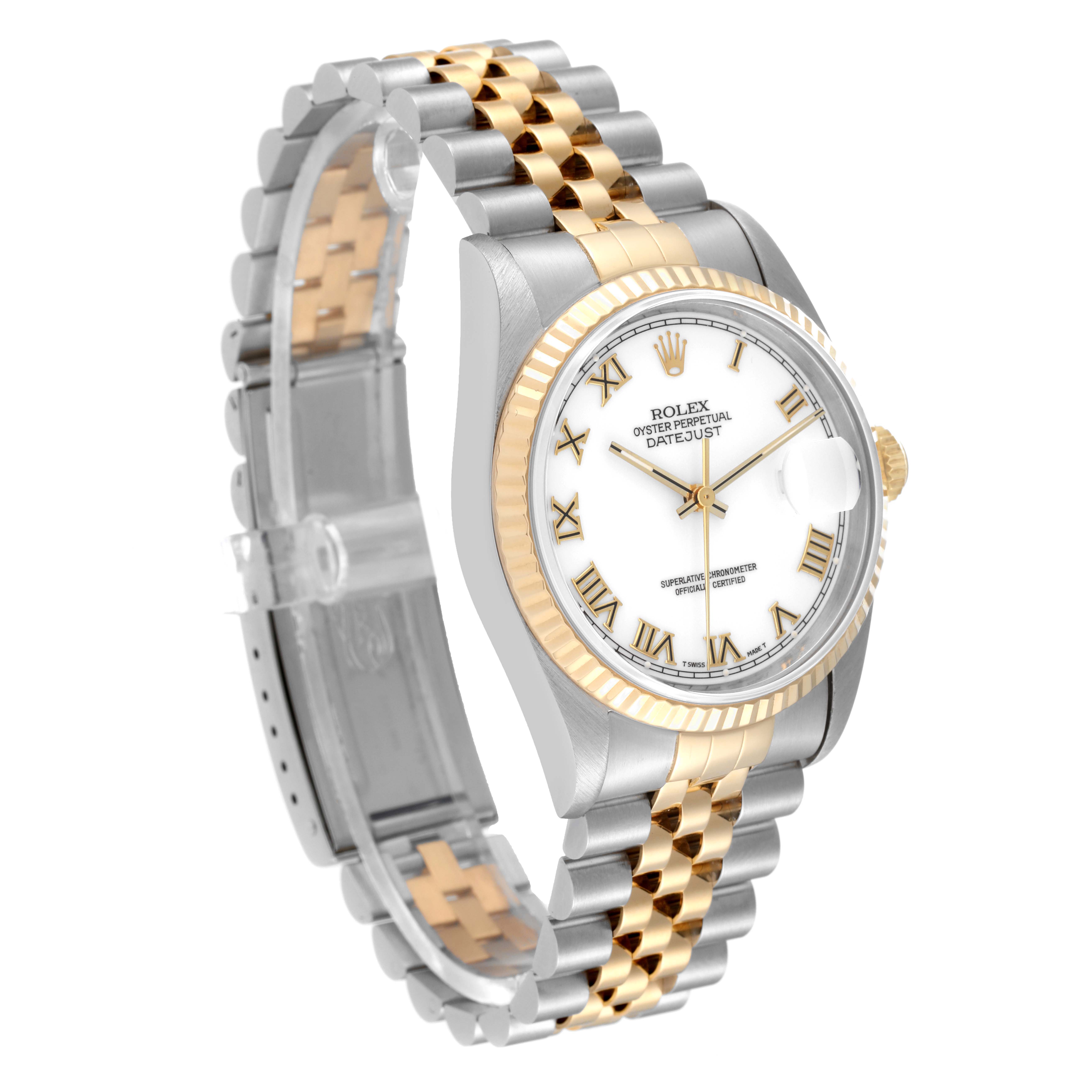 The image shows a Rolex Datejust 16233 Men's Steel and Gold (two tone) White Dial 16233 Men's Steel and Gold (two tone) White Dial watch at an oblique angle, highlighting the dial, bezel, case, and bracelet.