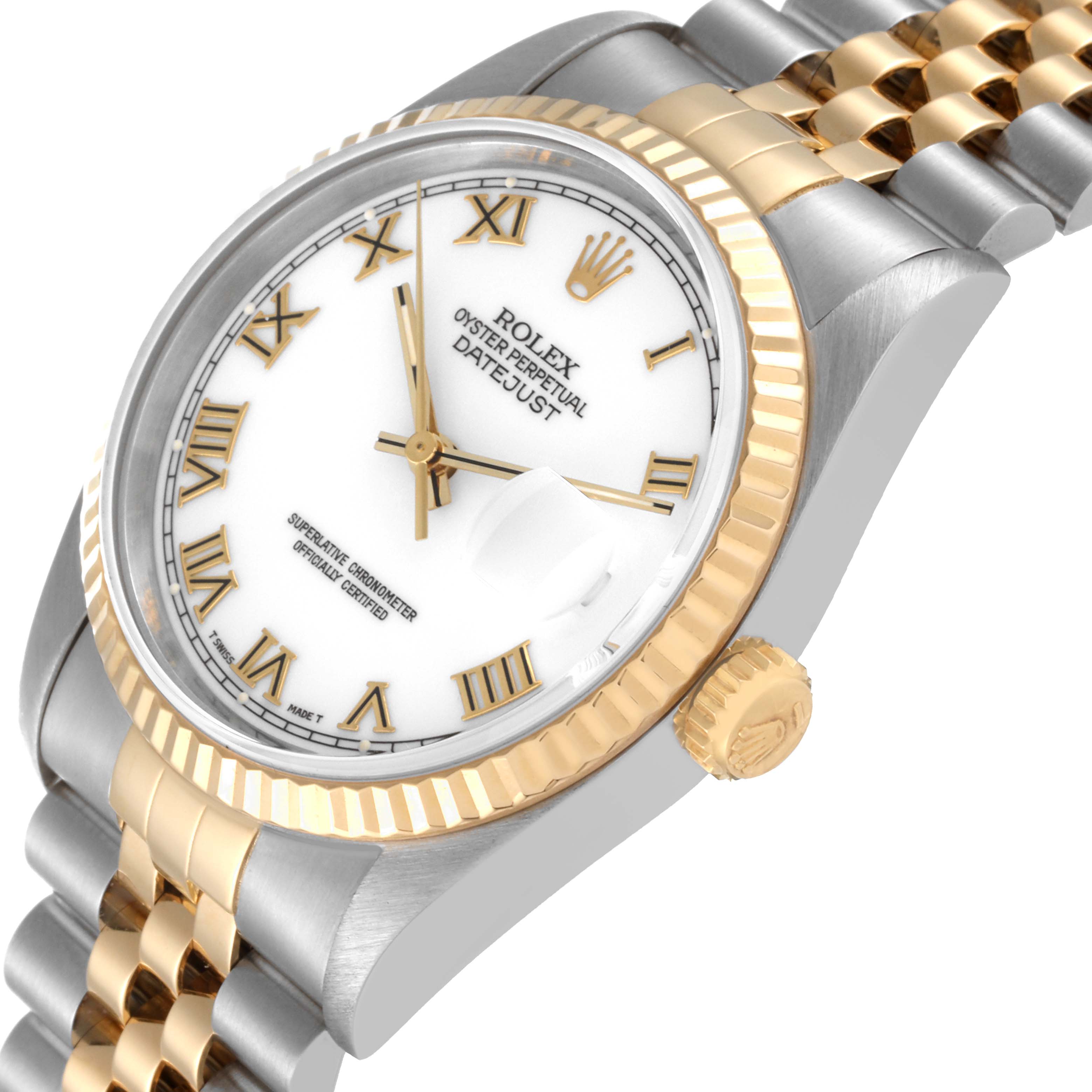 This image shows the Rolex Datejust 16233 Men's Steel and Gold (two tone) White Dial 16233 Men's Steel and Gold (two tone) White Dial watch from an angled view, highlighting the dial, bezel, crown, and part of the bracelet.