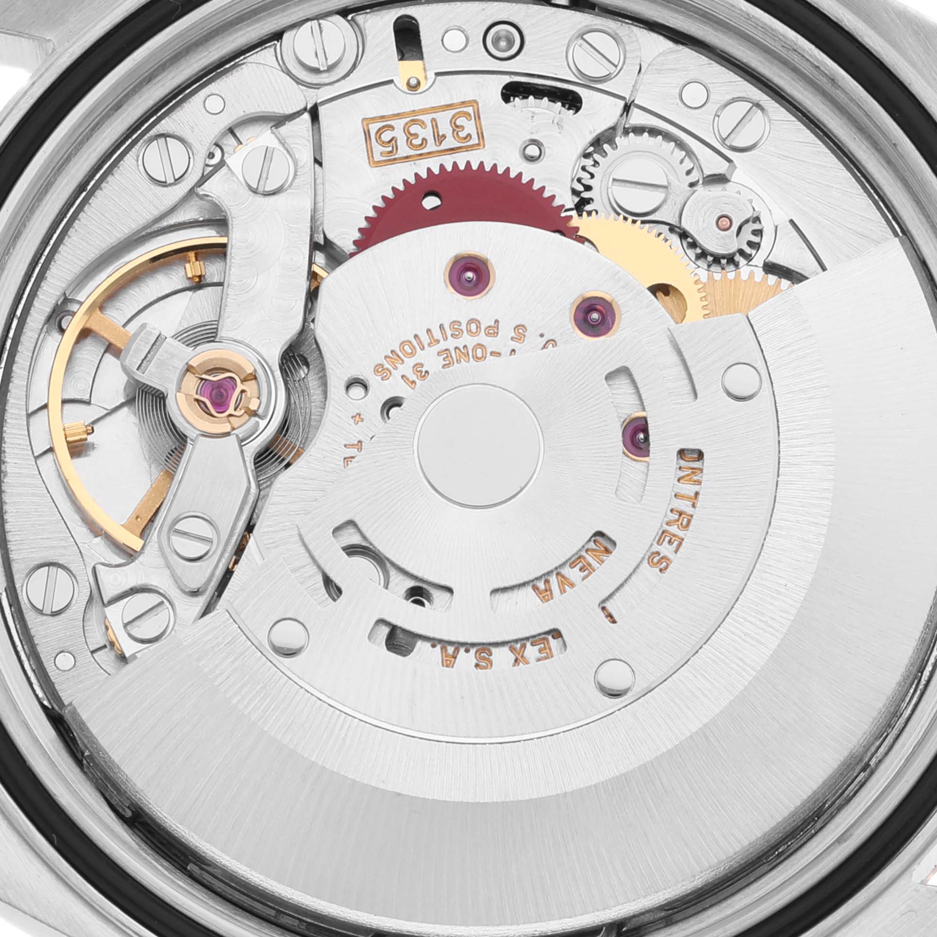 This close-up image showcases the intricate internal mechanism of a Rolex Datejust 16233 Men's Steel and Gold (two tone) White Dial 16233 Men's Steel and Gold (two tone) White Dial watch movement.