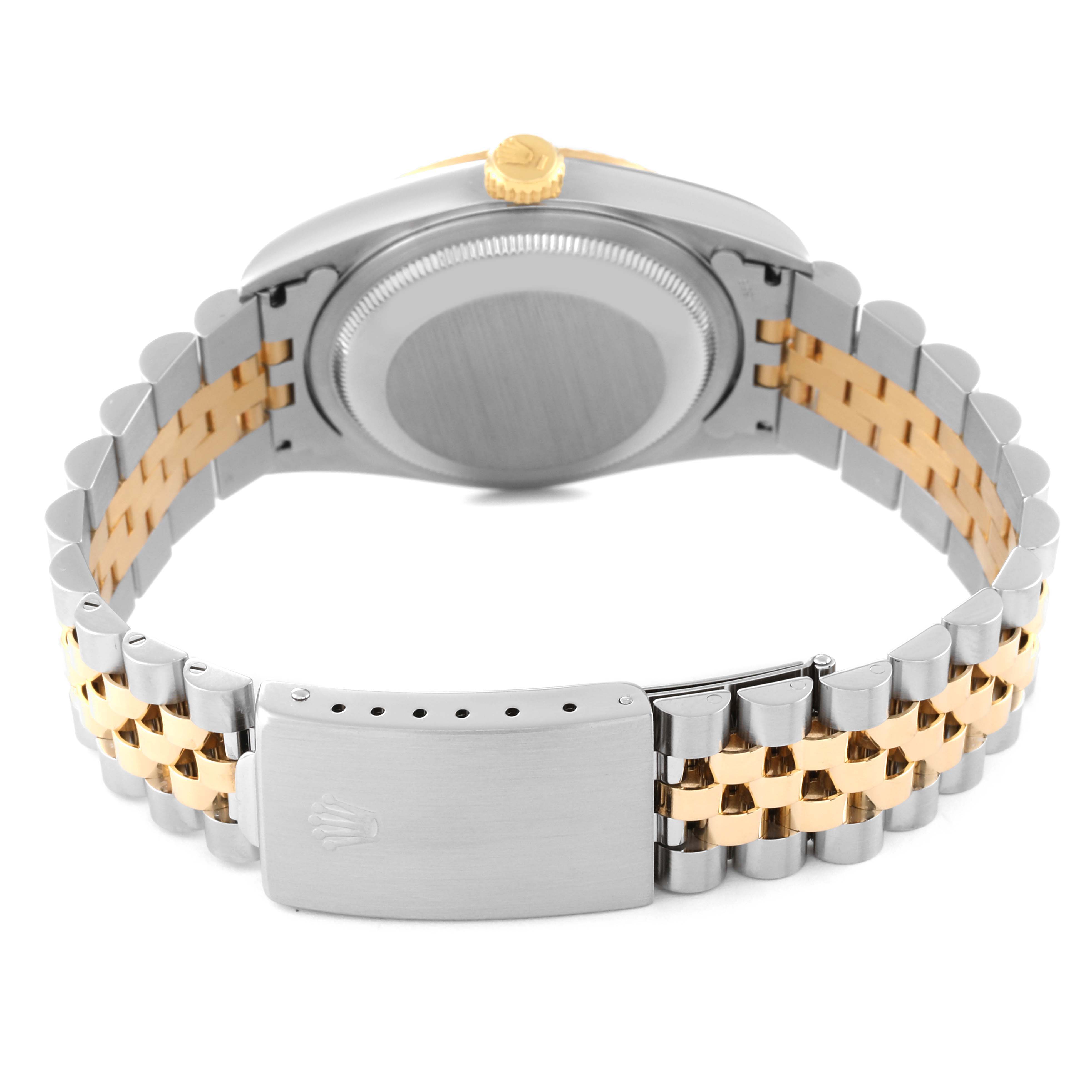 This image shows the back of a Rolex Datejust 16233 Men's Steel and Gold (two tone) White Dial 16233 Men's Steel and Gold (two tone) White Dial watch, focusing on the case back and two-tone bracelet.