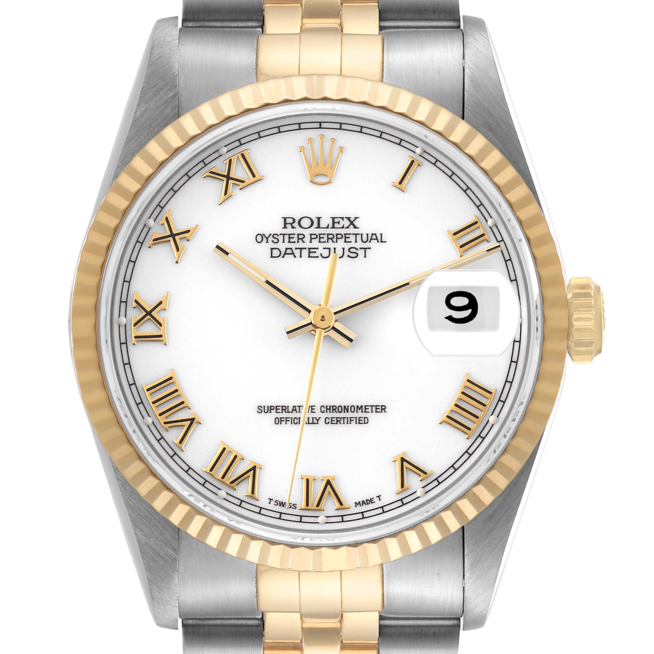 This image shows a front view of a Rolex Datejust 16233 Men's Steel and Gold (two tone) White Dial 16233 Men's Steel and Gold (two tone) White Dial watch, featuring the dial, gold bezel, and part of the bracelet.