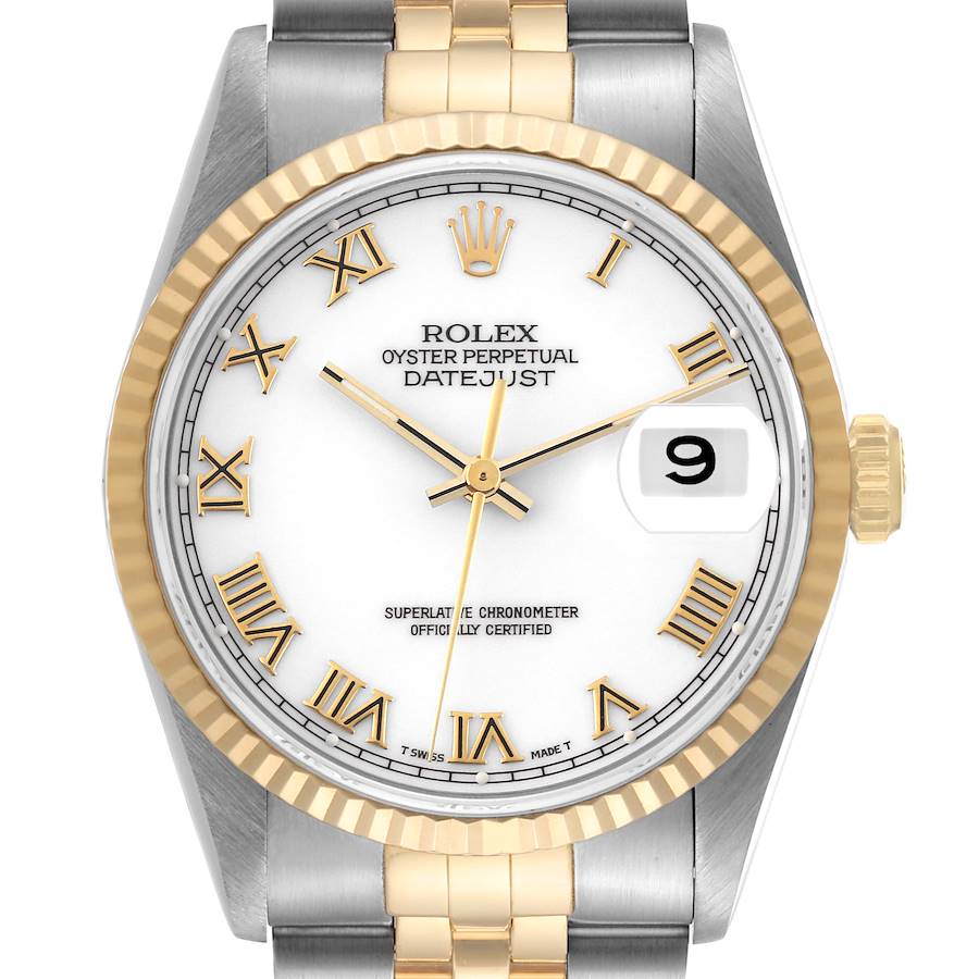 Rolex Datejust Steel Yellow Gold White Roman Dial Mens Watch 16233 SwissWatchExpo