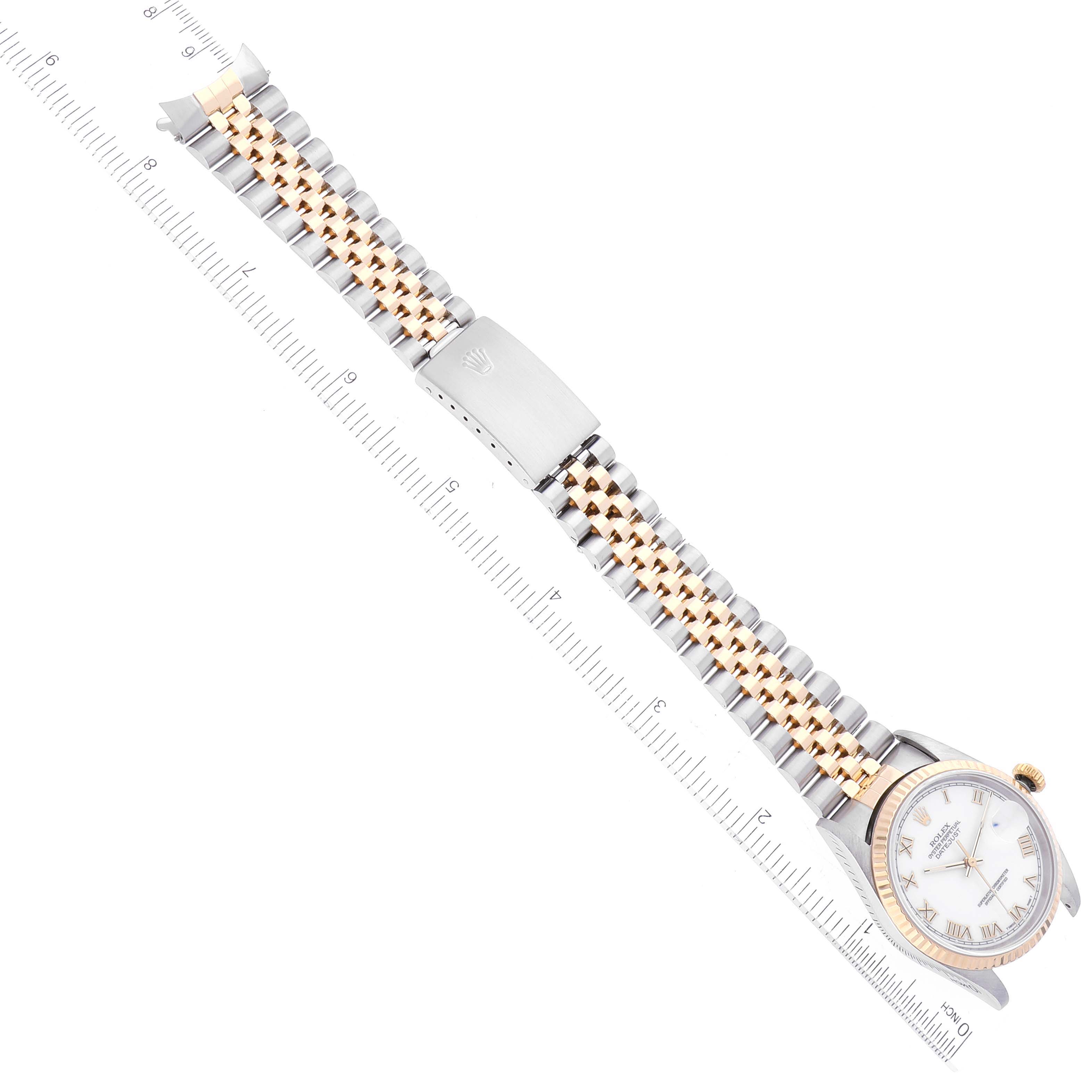 This is a top-down view of a Rolex Datejust 16233 Men's Steel and Gold (two tone) White Dial 16233 Men's Steel and Gold (two tone) White Dial watch, showing the face, bezel, and two-tone bracelet with a clasp.