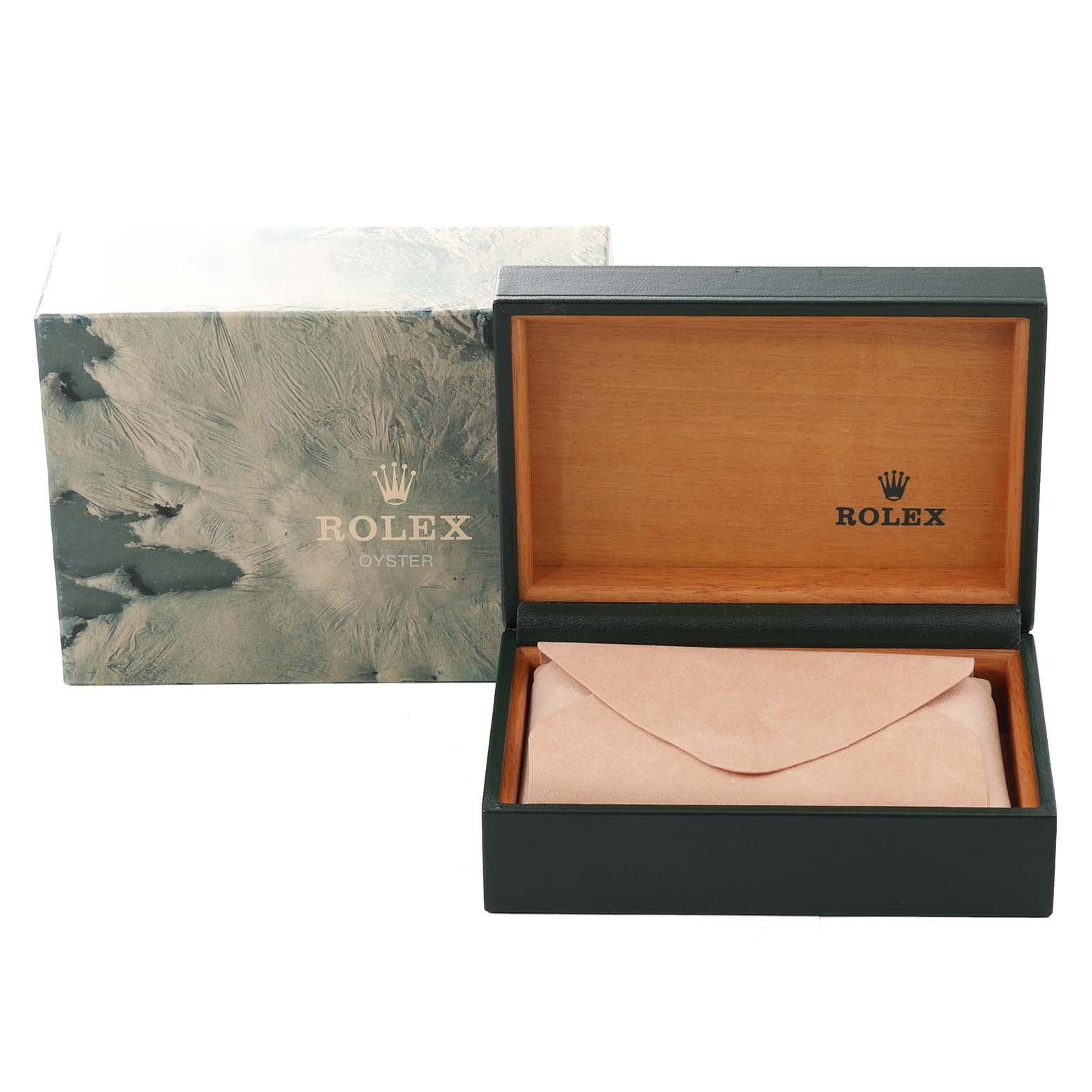 The image shows the packaging of a Rolex Datejust 16233 Men's Steel and Gold (two tone) White Dial 16233 Men's Steel and Gold (two tone) White Dial watch, featuring an outer box and the inner presentation box with a pouch.