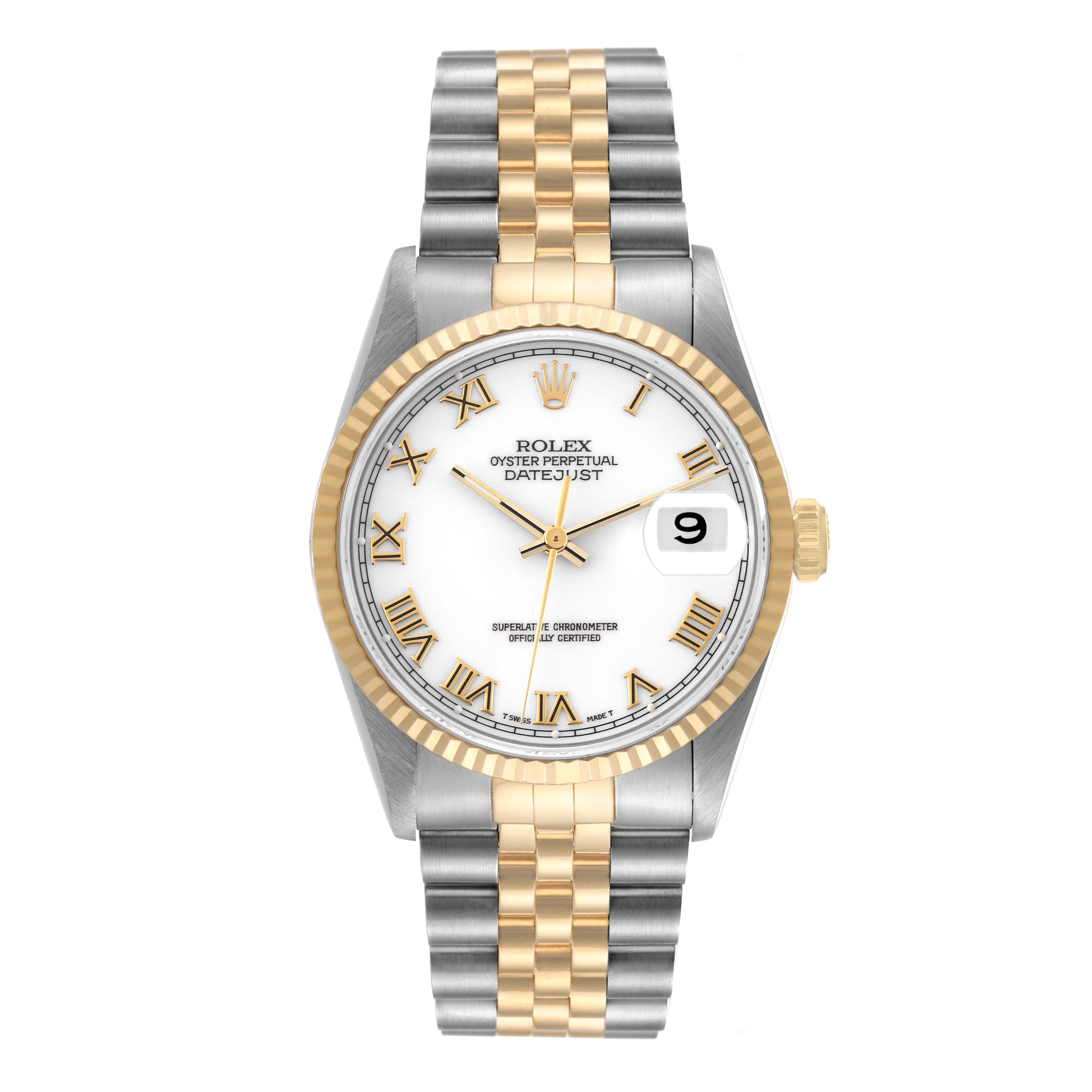 The image shows a frontal view of a Rolex Datejust 16233 Men's Steel and Gold (two tone) White Dial 16233 Men's Steel and Gold (two tone) White Dial watch, highlighting its dial, bezel, crown, and bracelet.