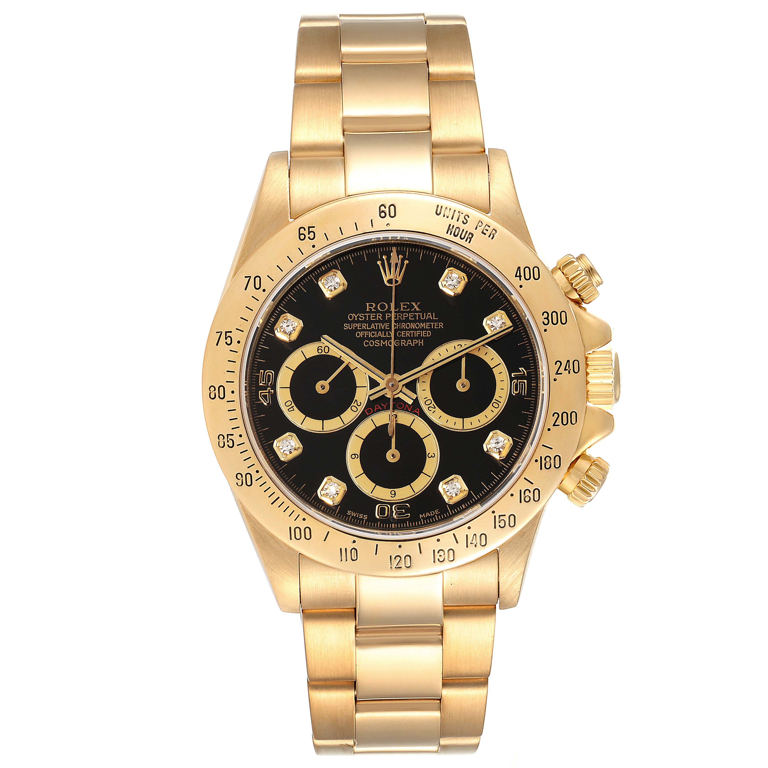 The Rolex Daytona 16528 Men's Yellow Gold Black Dial 16528 Men's Yellow Gold Black Dial watch is shown from a front angle, highlighting its gold bracelet, black dial, and bezel.