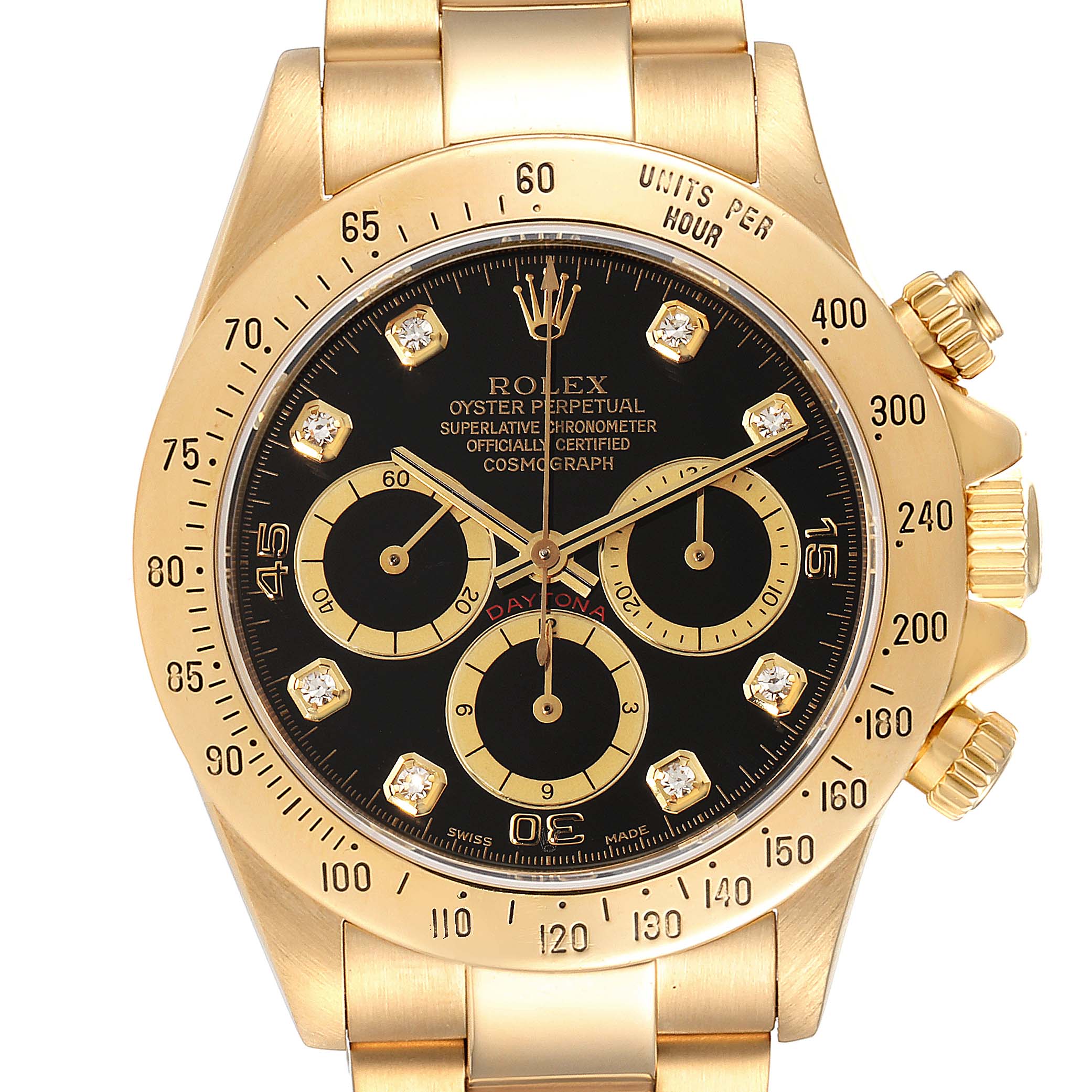 This image shows a front angle of the Rolex Daytona 16528 Men's Yellow Gold Black Dial 16528 Men's Yellow Gold Black Dial watch, including its dial, case, bezel, and bracelet.