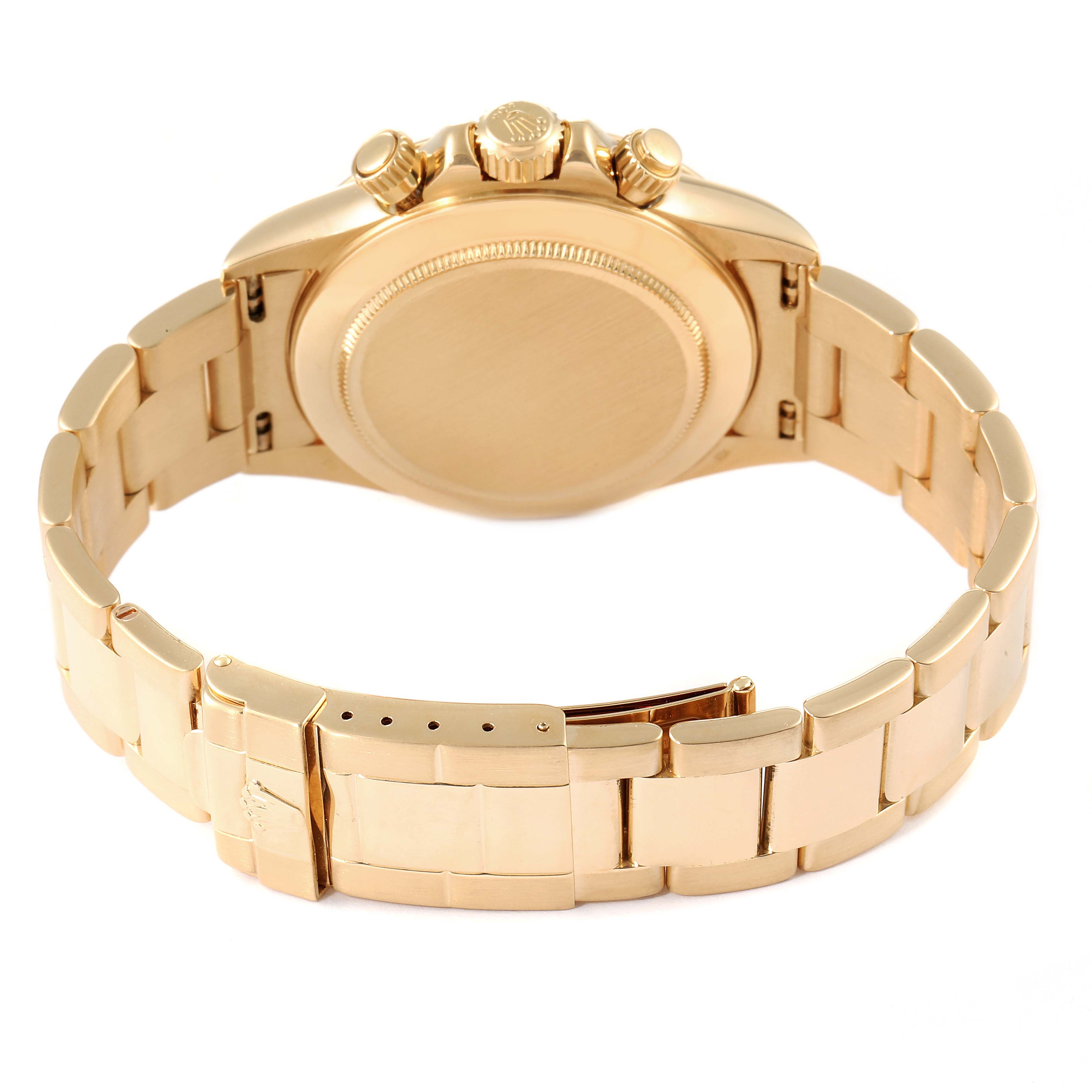 This image shows the back view of a Rolex Daytona 16528 Men's Yellow Gold Black Dial 16528 Men's Yellow Gold Black Dial watch, highlighting the case back and bracelet.