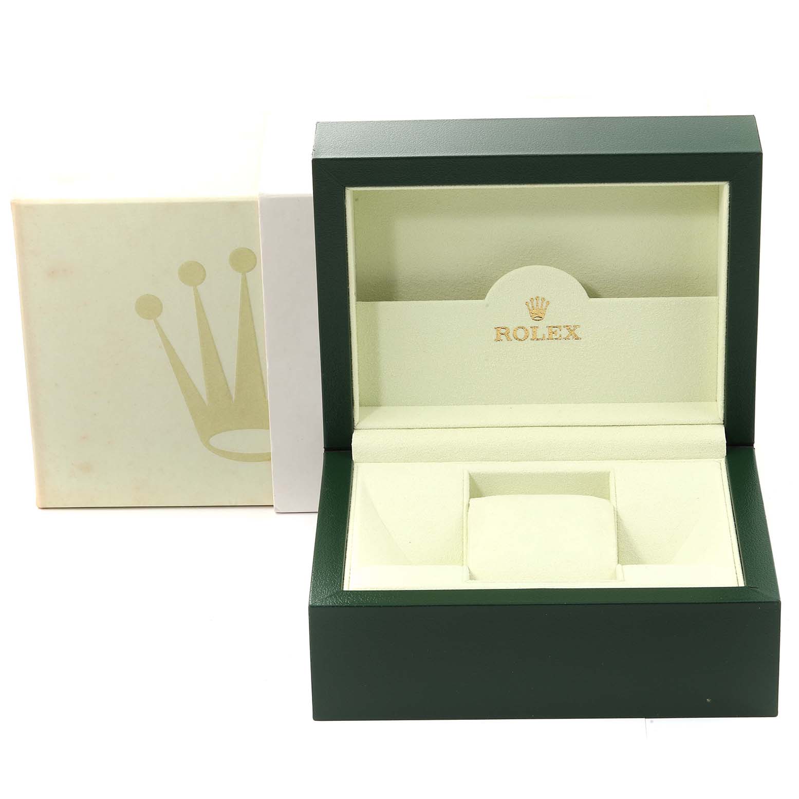 The image shows the open box of a Rolex Daytona 116523 Men's Steel and Gold (two tone) Mother of Pearl Dial 116523 Men's Steel and Gold (two tone) Mother of Pearl Dial watch, displaying its interior with the brand logo visible.