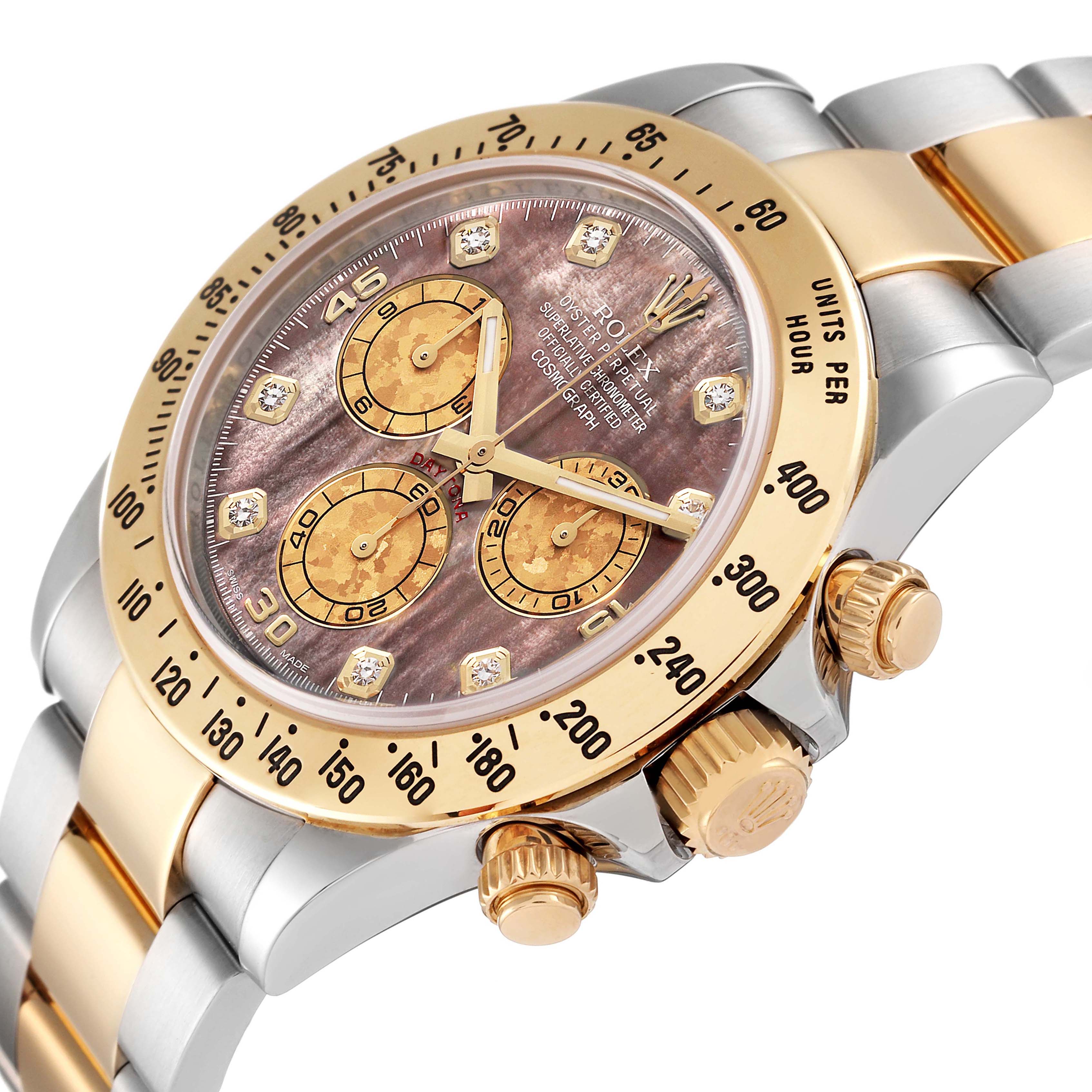 This image shows a close-up of a Rolex Daytona 116523 Men's Steel and Gold (two tone) Mother of Pearl Dial 116523 Men's Steel and Gold (two tone) Mother of Pearl Dial watch emphasizing the dial, bezel, bracelet, and crown from a 3/4 angle.