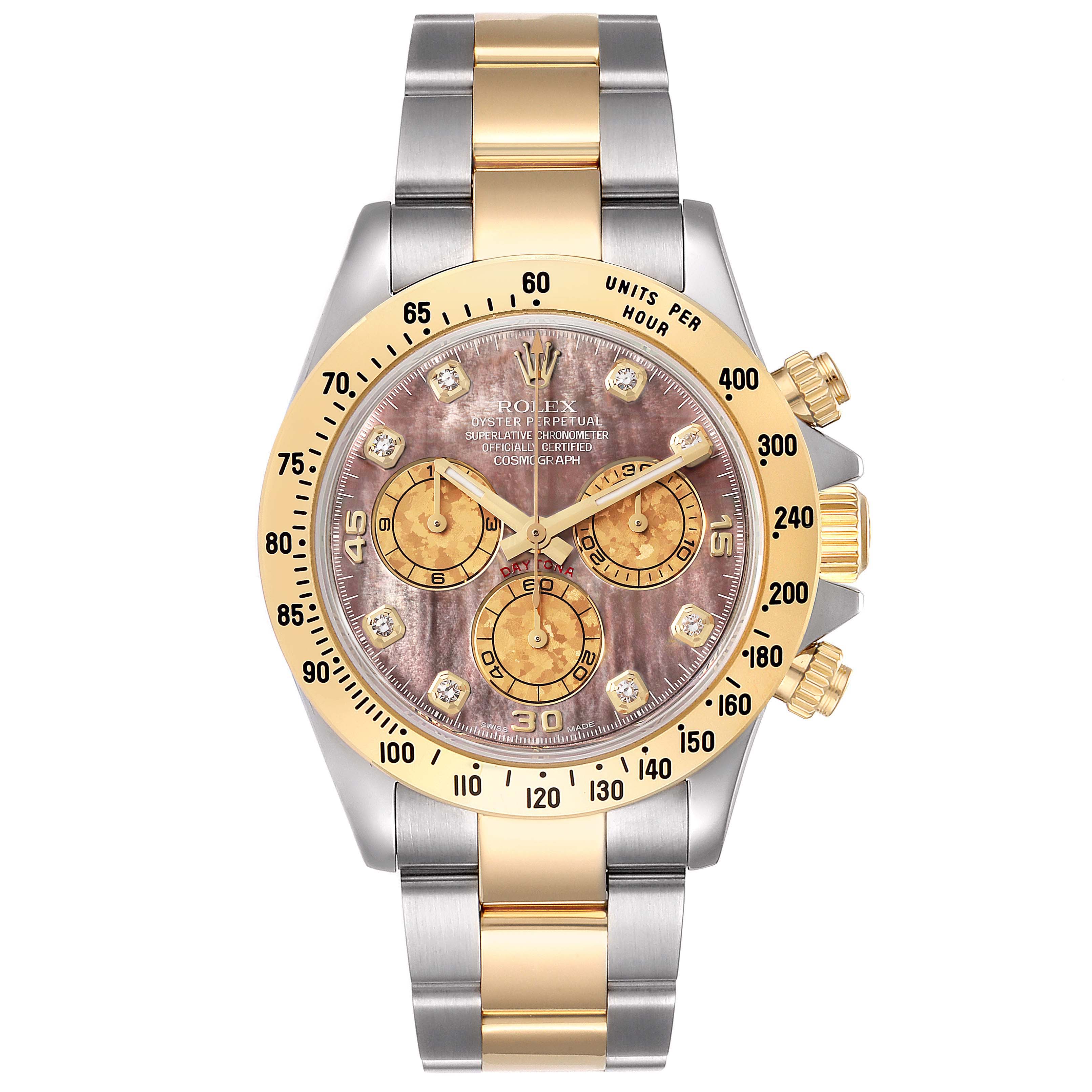 The image shows the face and strap of a Rolex Daytona 116523 Men's Steel and Gold (two tone) Mother of Pearl Dial 116523 Men's Steel and Gold (two tone) Mother of Pearl Dial watch with gold and stainless steel accents.