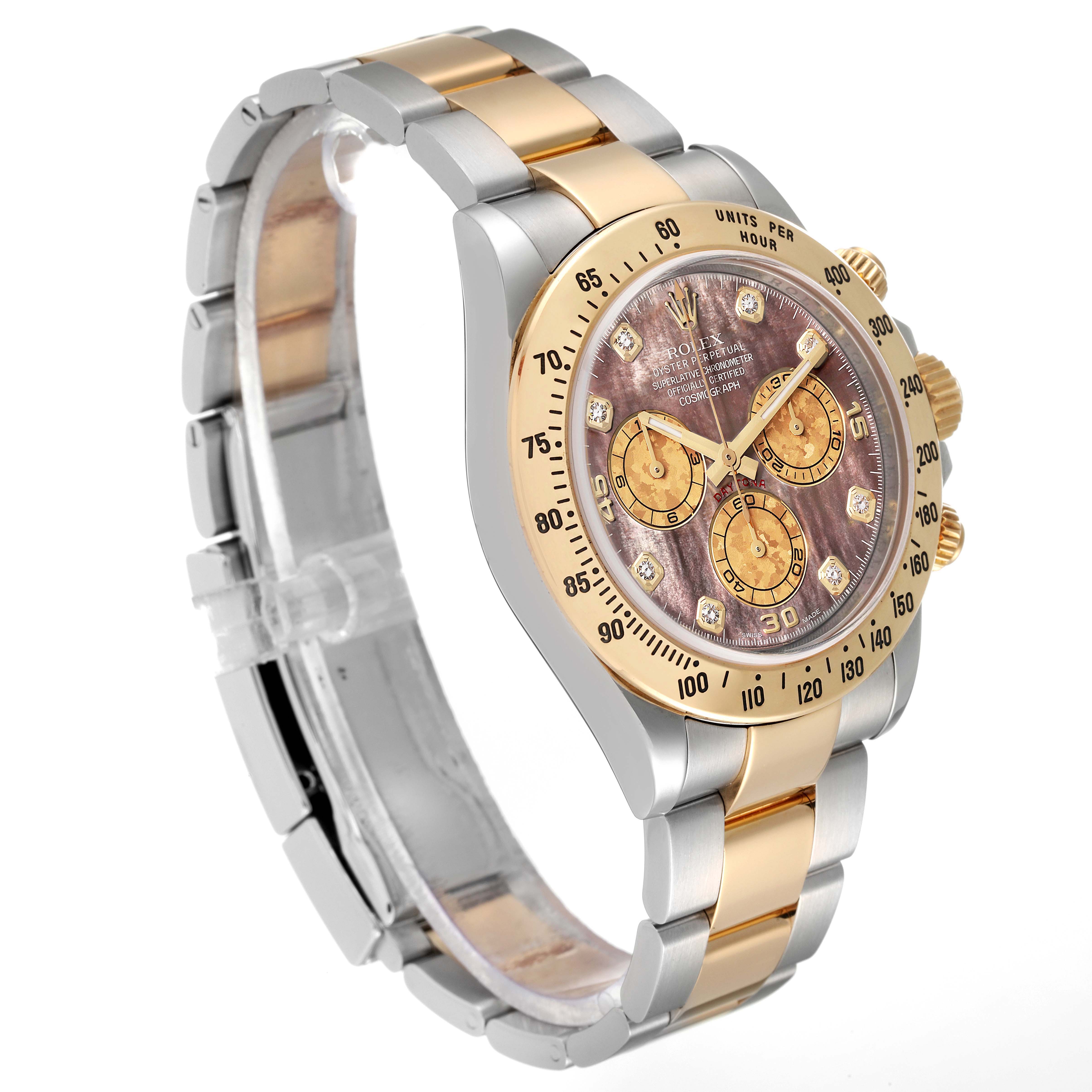 This image shows a Rolex Daytona 116523 Men's Steel and Gold (two tone) Mother of Pearl Dial 116523 Men's Steel and Gold (two tone) Mother of Pearl Dial watch at an angled view, highlighting the bezel, dial, and two-tone bracelet.