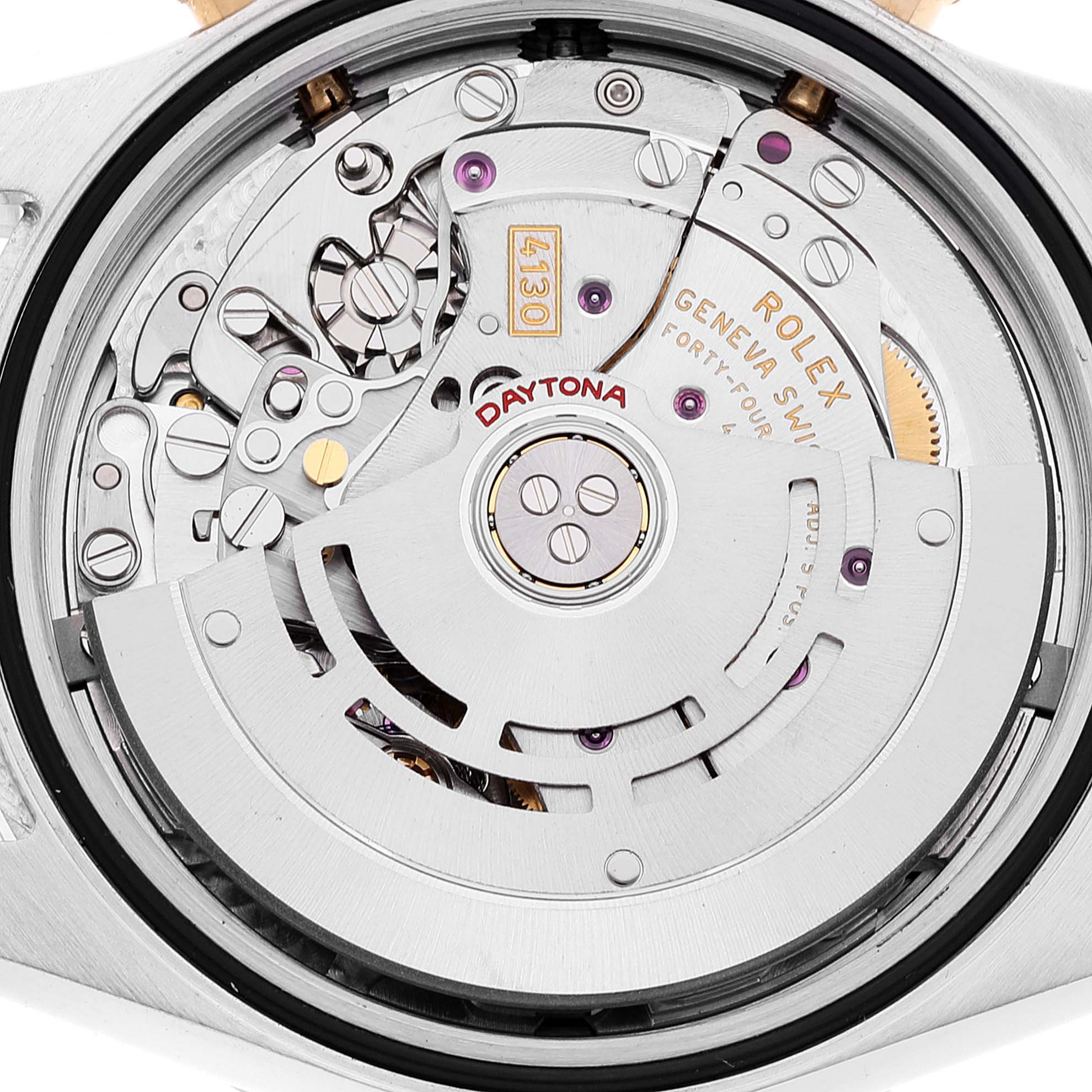 This image shows the inner mechanical movement of a Rolex Daytona 116523 Men's Steel and Gold (two tone) Mother of Pearl Dial 116523 Men's Steel and Gold (two tone) Mother of Pearl Dial watch.