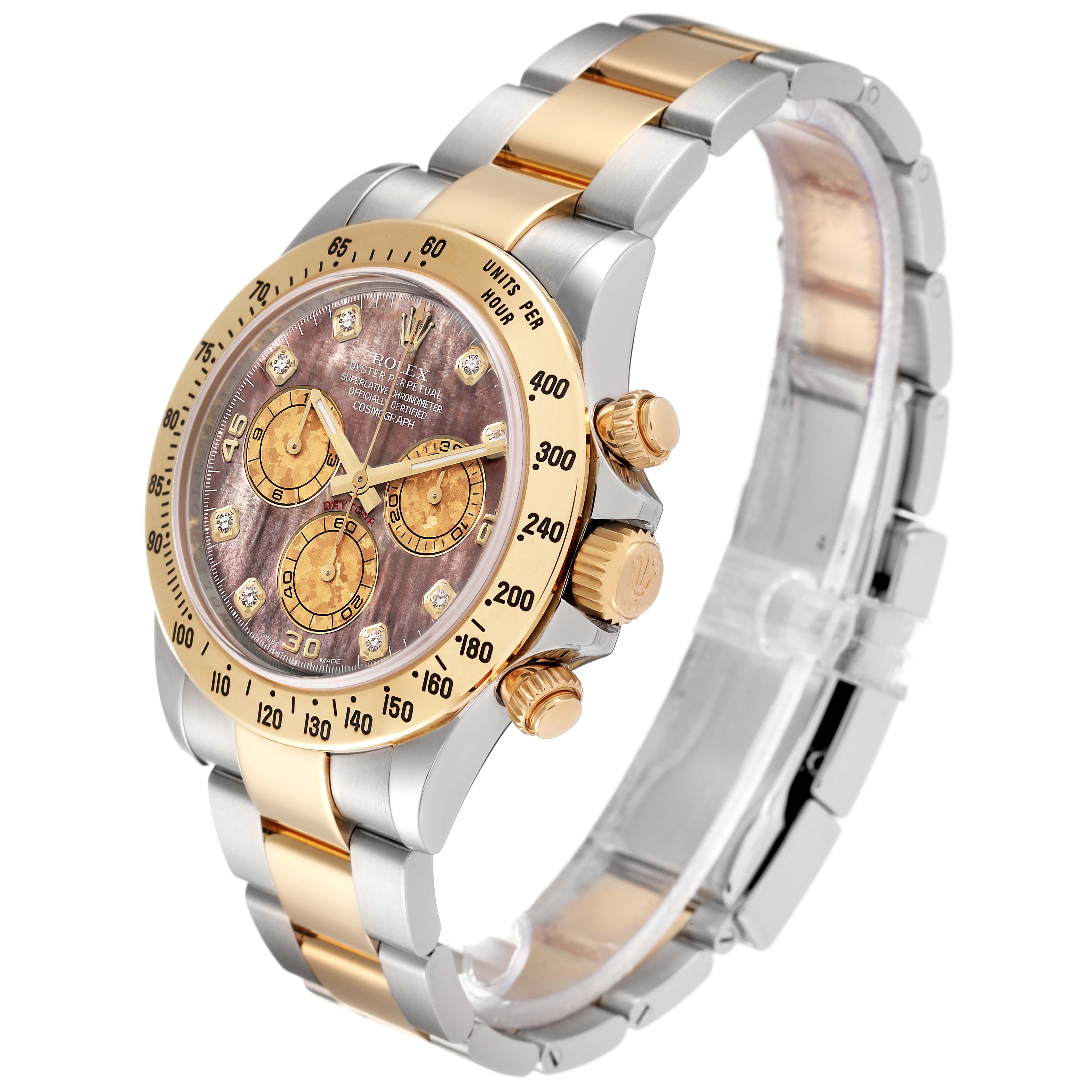 The image shows a Rolex Daytona 116523 Men's Steel and Gold (two tone) Mother of Pearl Dial 116523 Men's Steel and Gold (two tone) Mother of Pearl Dial watch at a three-quarter angle highlighting the face, bezel, crown, push buttons, and bracelet.