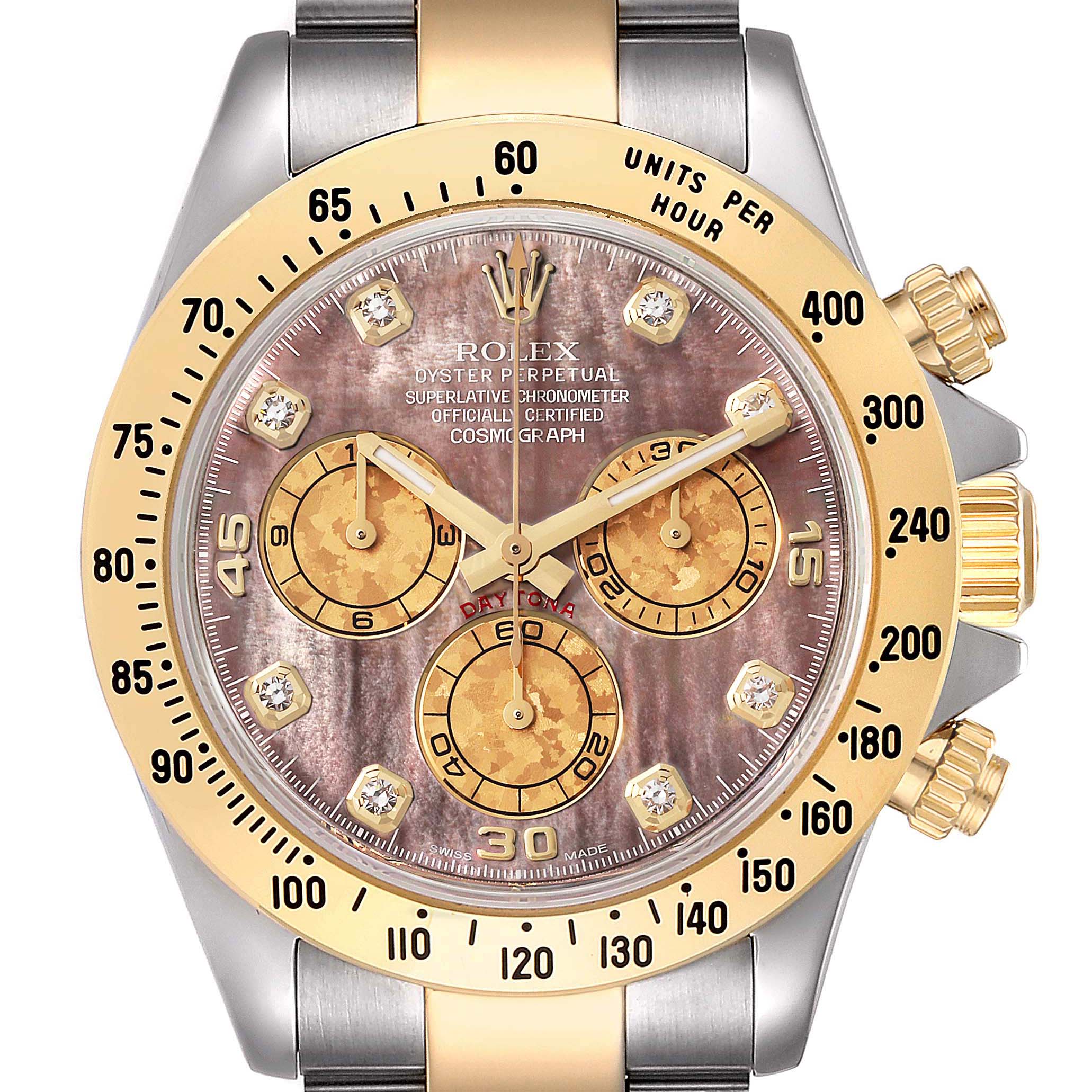 The image shows a front angle of a Rolex Daytona 116523 Men's Steel and Gold (two tone) Mother of Pearl Dial 116523 Men's Steel and Gold (two tone) Mother of Pearl Dial watch, highlighting the dial, sub-dials, bezel, crown, and part of the strap.