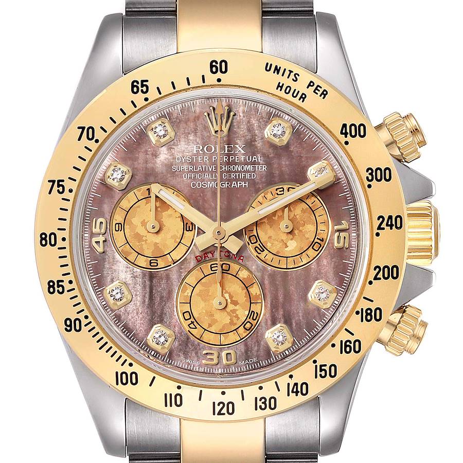 Rolex Daytona Steel Yellow Gold Mother of Pearl Diamond Dial Mens Watch 116523 SwissWatchExpo