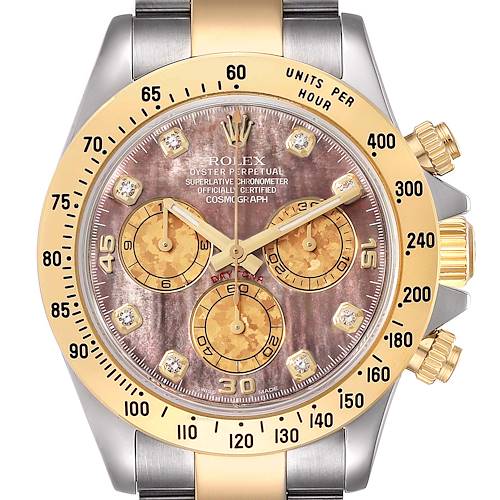 Photo of Rolex Daytona Steel Yellow Gold MOP Diamond Mens Watch 116523